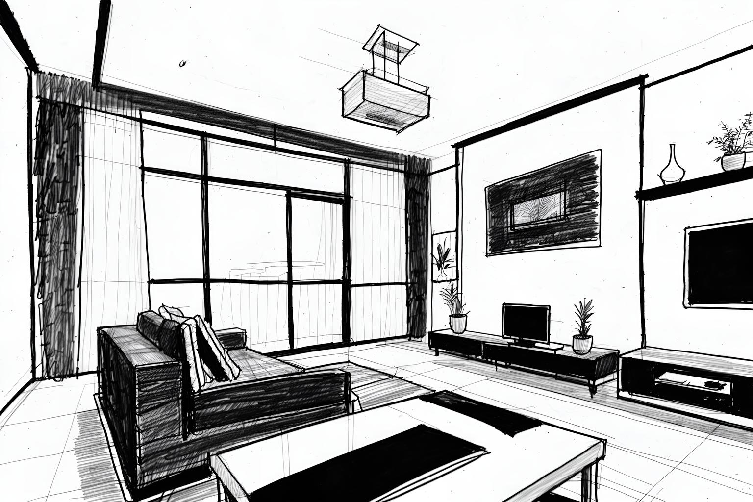 (hand-drawn monochrome black and white sketch line drawing)++ of sketch-style (living room) apartment interior. a sketch of interior. with . . a sketch of interior. with televisions and plant and occasional tables. trending on artstation. black and white line drawing sketch without colors. masterpiece, cinematic light, ultrarealistic+, photorealistic+, 8k, raw photo, realistic, sharp focus on eyes, (symmetrical eyes), (intact eyes), hyperrealistic, highest quality, best quality, , highly detailed, masterpiece, best quality, extremely detailed 8k wallpaper, masterpiece, best quality, ultra-detailed, best shadow, detailed background, detailed face, detailed eyes, high contrast, best illumination, detailed face, dulux, caustic, dynamic angle, detailed glow. dramatic lighting. highly detailed, insanely detailed hair, symmetrical, intricate details, professionally retouched, 8k high definition. strong bokeh. award winning photo.