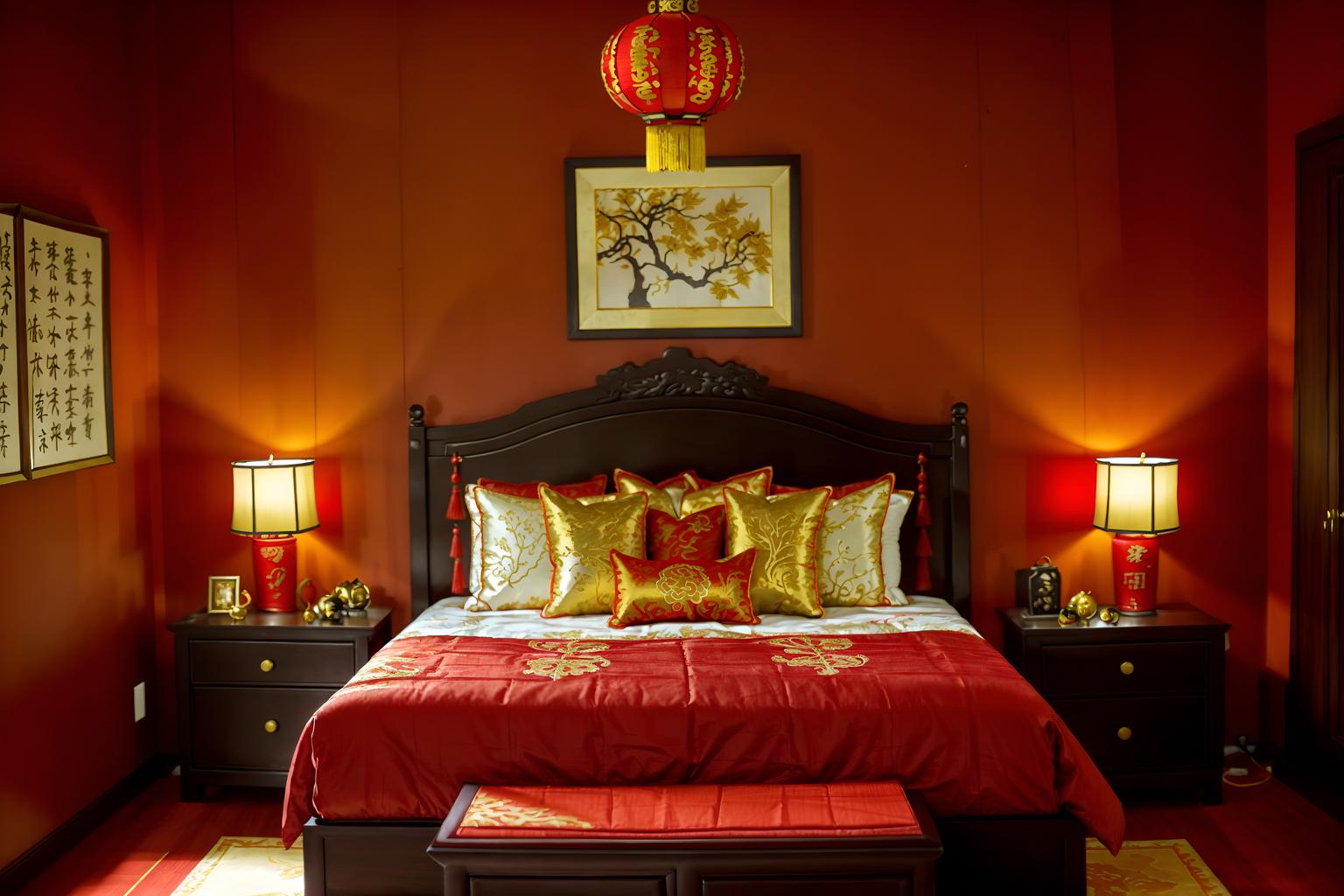 chinese new year-style (bedroom interior) with bedside table or night stand and headboard and bed and accent chair and storage bench or ottoman and night light and mirror and dresser closet. . with red and gold tassels and red and gold candles and chinese red lanterns and door couplets and orange trees and money tree and kumquat trees and gold ingots. . cinematic photo, highly detailed, cinematic lighting, ultra-detailed, ultrarealistic, photorealism, 8k. chinese new year interior design style. masterpiece, cinematic light, ultrarealistic+, photorealistic+, 8k, raw photo, realistic, sharp focus on eyes, (symmetrical eyes), (intact eyes), hyperrealistic, highest quality, best quality, , highly detailed, masterpiece, best quality, extremely detailed 8k wallpaper, masterpiece, best quality, ultra-detailed, best shadow, detailed background, detailed face, detailed eyes, high contrast, best illumination, detailed face, dulux, caustic, dynamic angle, detailed glow. dramatic lighting. highly detailed, insanely detailed hair, symmetrical, intricate details, professionally retouched, 8k high definition. strong bokeh. award winning photo.