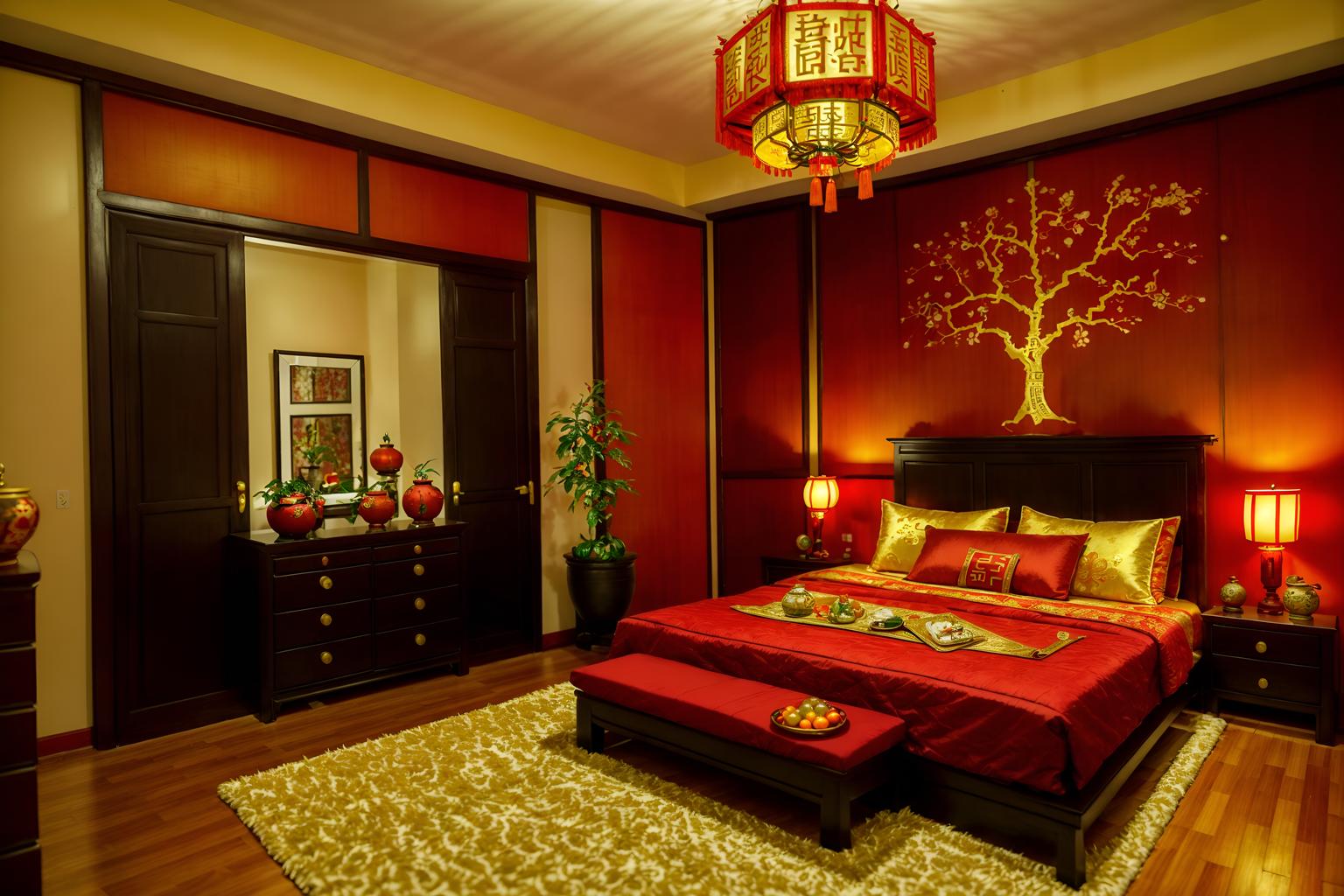 chinese new year-style (bedroom interior) with bedside table or night stand and headboard and bed and accent chair and storage bench or ottoman and night light and mirror and dresser closet. . with red and gold tassels and red and gold candles and chinese red lanterns and door couplets and orange trees and money tree and kumquat trees and gold ingots. . cinematic photo, highly detailed, cinematic lighting, ultra-detailed, ultrarealistic, photorealism, 8k. chinese new year interior design style. masterpiece, cinematic light, ultrarealistic+, photorealistic+, 8k, raw photo, realistic, sharp focus on eyes, (symmetrical eyes), (intact eyes), hyperrealistic, highest quality, best quality, , highly detailed, masterpiece, best quality, extremely detailed 8k wallpaper, masterpiece, best quality, ultra-detailed, best shadow, detailed background, detailed face, detailed eyes, high contrast, best illumination, detailed face, dulux, caustic, dynamic angle, detailed glow. dramatic lighting. highly detailed, insanely detailed hair, symmetrical, intricate details, professionally retouched, 8k high definition. strong bokeh. award winning photo.