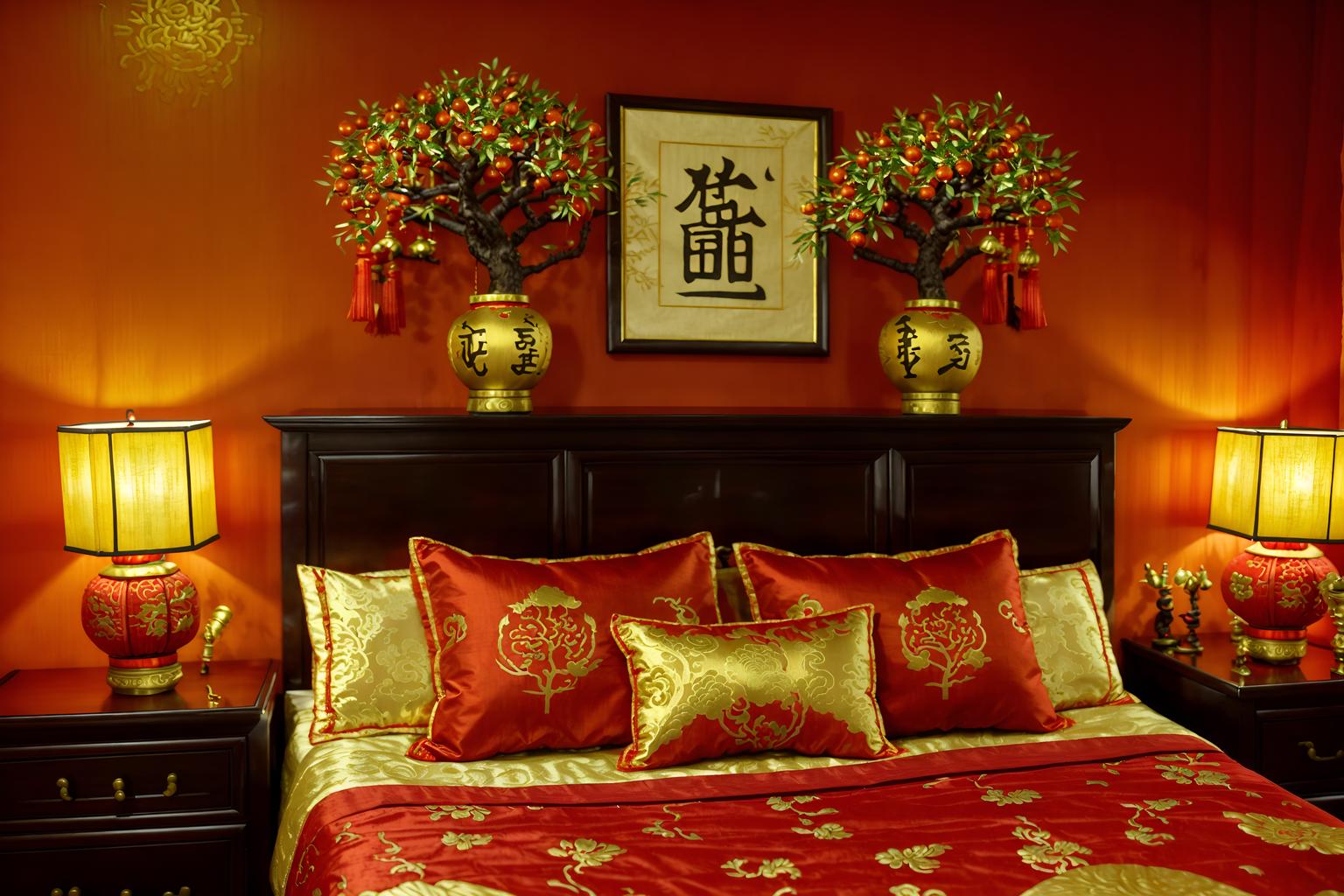 chinese new year-style (bedroom interior) with bedside table or night stand and headboard and bed and accent chair and storage bench or ottoman and night light and mirror and dresser closet. . with red and gold tassels and red and gold candles and chinese red lanterns and door couplets and orange trees and money tree and kumquat trees and gold ingots. . cinematic photo, highly detailed, cinematic lighting, ultra-detailed, ultrarealistic, photorealism, 8k. chinese new year interior design style. masterpiece, cinematic light, ultrarealistic+, photorealistic+, 8k, raw photo, realistic, sharp focus on eyes, (symmetrical eyes), (intact eyes), hyperrealistic, highest quality, best quality, , highly detailed, masterpiece, best quality, extremely detailed 8k wallpaper, masterpiece, best quality, ultra-detailed, best shadow, detailed background, detailed face, detailed eyes, high contrast, best illumination, detailed face, dulux, caustic, dynamic angle, detailed glow. dramatic lighting. highly detailed, insanely detailed hair, symmetrical, intricate details, professionally retouched, 8k high definition. strong bokeh. award winning photo.