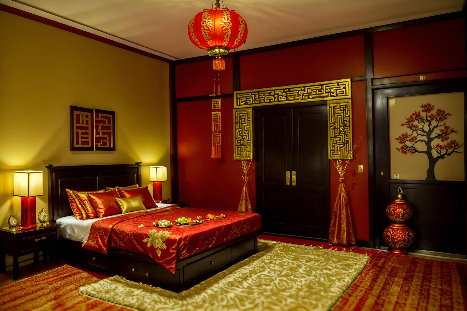 chinese new year-style (bedroom interior) with bedside table or night stand and headboard and bed and accent chair and storage bench or ottoman and night light and mirror and dresser closet. . with red and gold tassels and red and gold candles and chinese red lanterns and door couplets and orange trees and money tree and kumquat trees and gold ingots. . cinematic photo, highly detailed, cinematic lighting, ultra-detailed, ultrarealistic, photorealism, 8k. chinese new year interior design style. masterpiece, cinematic light, ultrarealistic+, photorealistic+, 8k, raw photo, realistic, sharp focus on eyes, (symmetrical eyes), (intact eyes), hyperrealistic, highest quality, best quality, , highly detailed, masterpiece, best quality, extremely detailed 8k wallpaper, masterpiece, best quality, ultra-detailed, best shadow, detailed background, detailed face, detailed eyes, high contrast, best illumination, detailed face, dulux, caustic, dynamic angle, detailed glow. dramatic lighting. highly detailed, insanely detailed hair, symmetrical, intricate details, professionally retouched, 8k high definition. strong bokeh. award winning photo.