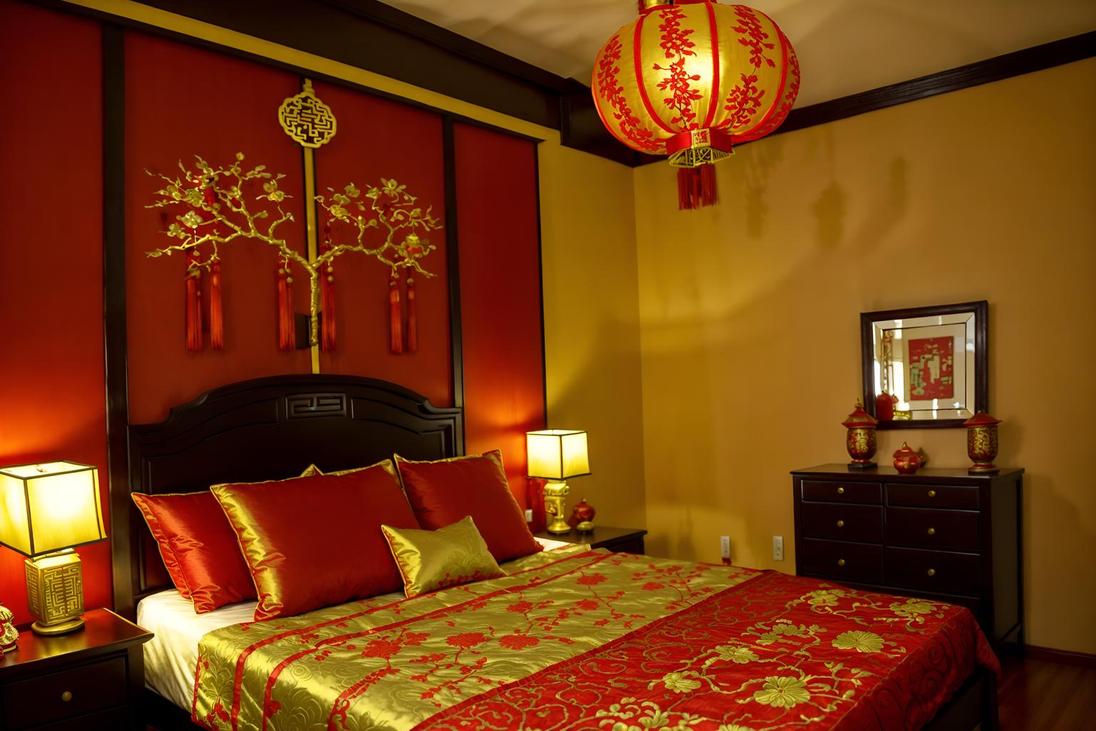 chinese new year-style (bedroom interior) with bedside table or night stand and headboard and bed and accent chair and storage bench or ottoman and night light and mirror and dresser closet. . with red and gold tassels and red and gold candles and chinese red lanterns and door couplets and orange trees and money tree and kumquat trees and gold ingots. . cinematic photo, highly detailed, cinematic lighting, ultra-detailed, ultrarealistic, photorealism, 8k. chinese new year interior design style. masterpiece, cinematic light, ultrarealistic+, photorealistic+, 8k, raw photo, realistic, sharp focus on eyes, (symmetrical eyes), (intact eyes), hyperrealistic, highest quality, best quality, , highly detailed, masterpiece, best quality, extremely detailed 8k wallpaper, masterpiece, best quality, ultra-detailed, best shadow, detailed background, detailed face, detailed eyes, high contrast, best illumination, detailed face, dulux, caustic, dynamic angle, detailed glow. dramatic lighting. highly detailed, insanely detailed hair, symmetrical, intricate details, professionally retouched, 8k high definition. strong bokeh. award winning photo.