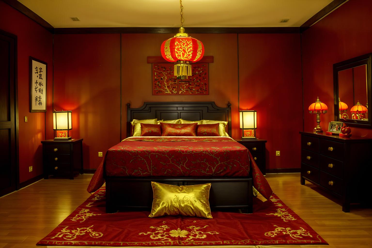 chinese new year-style (bedroom interior) with bedside table or night stand and headboard and bed and accent chair and storage bench or ottoman and night light and mirror and dresser closet. . with red and gold tassels and red and gold candles and chinese red lanterns and door couplets and orange trees and money tree and kumquat trees and gold ingots. . cinematic photo, highly detailed, cinematic lighting, ultra-detailed, ultrarealistic, photorealism, 8k. chinese new year interior design style. masterpiece, cinematic light, ultrarealistic+, photorealistic+, 8k, raw photo, realistic, sharp focus on eyes, (symmetrical eyes), (intact eyes), hyperrealistic, highest quality, best quality, , highly detailed, masterpiece, best quality, extremely detailed 8k wallpaper, masterpiece, best quality, ultra-detailed, best shadow, detailed background, detailed face, detailed eyes, high contrast, best illumination, detailed face, dulux, caustic, dynamic angle, detailed glow. dramatic lighting. highly detailed, insanely detailed hair, symmetrical, intricate details, professionally retouched, 8k high definition. strong bokeh. award winning photo.