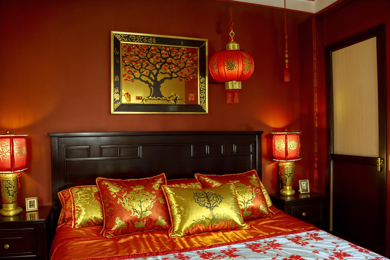 chinese new year-style (bedroom interior) with bedside table or night stand and headboard and bed and accent chair and storage bench or ottoman and night light and mirror and dresser closet. . with red and gold tassels and red and gold candles and chinese red lanterns and door couplets and orange trees and money tree and kumquat trees and gold ingots. . cinematic photo, highly detailed, cinematic lighting, ultra-detailed, ultrarealistic, photorealism, 8k. chinese new year interior design style. masterpiece, cinematic light, ultrarealistic+, photorealistic+, 8k, raw photo, realistic, sharp focus on eyes, (symmetrical eyes), (intact eyes), hyperrealistic, highest quality, best quality, , highly detailed, masterpiece, best quality, extremely detailed 8k wallpaper, masterpiece, best quality, ultra-detailed, best shadow, detailed background, detailed face, detailed eyes, high contrast, best illumination, detailed face, dulux, caustic, dynamic angle, detailed glow. dramatic lighting. highly detailed, insanely detailed hair, symmetrical, intricate details, professionally retouched, 8k high definition. strong bokeh. award winning photo.