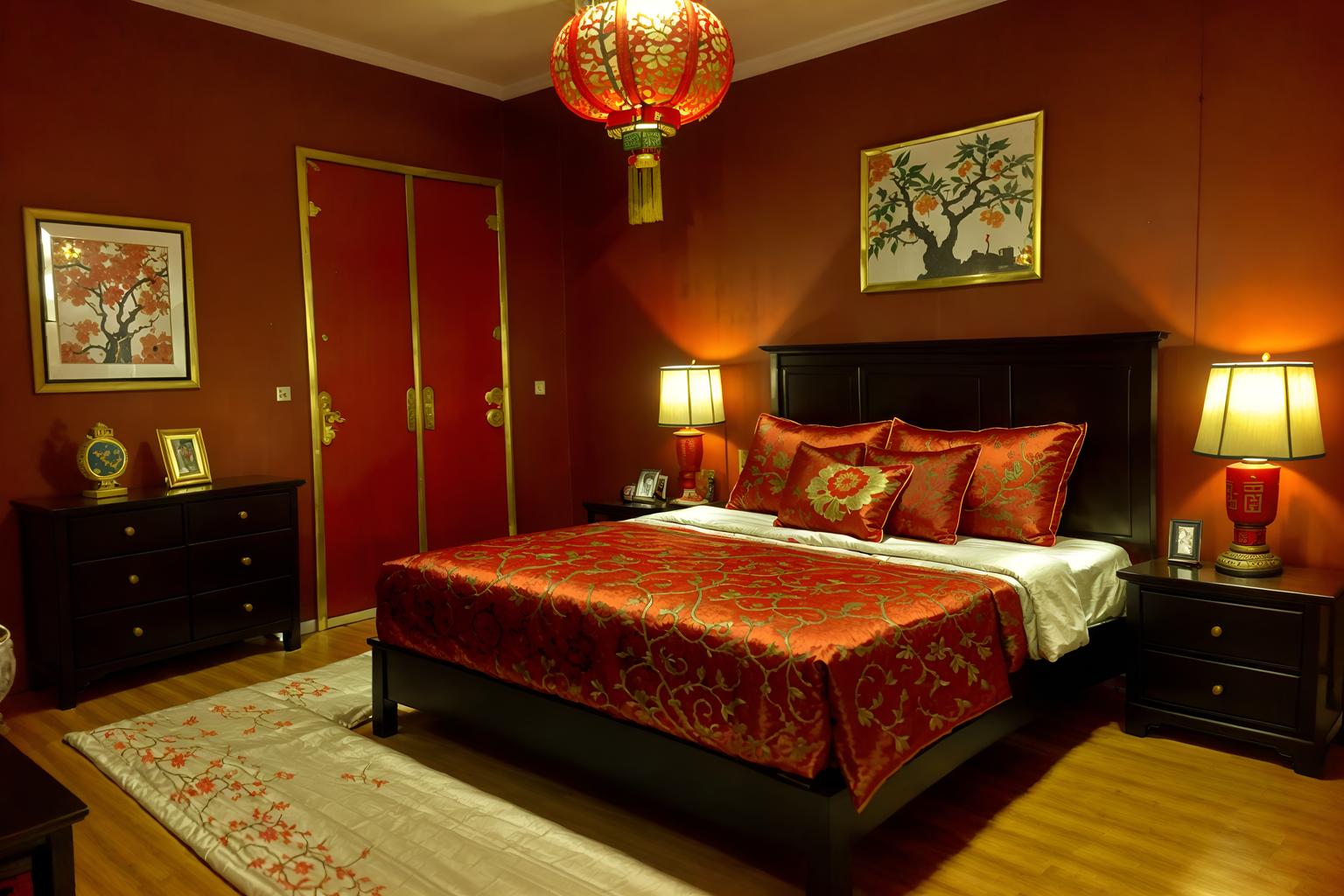 chinese new year-style (bedroom interior) with bedside table or night stand and headboard and bed and accent chair and storage bench or ottoman and night light and mirror and dresser closet. . with red and gold tassels and red and gold candles and chinese red lanterns and door couplets and orange trees and money tree and kumquat trees and gold ingots. . cinematic photo, highly detailed, cinematic lighting, ultra-detailed, ultrarealistic, photorealism, 8k. chinese new year interior design style. masterpiece, cinematic light, ultrarealistic+, photorealistic+, 8k, raw photo, realistic, sharp focus on eyes, (symmetrical eyes), (intact eyes), hyperrealistic, highest quality, best quality, , highly detailed, masterpiece, best quality, extremely detailed 8k wallpaper, masterpiece, best quality, ultra-detailed, best shadow, detailed background, detailed face, detailed eyes, high contrast, best illumination, detailed face, dulux, caustic, dynamic angle, detailed glow. dramatic lighting. highly detailed, insanely detailed hair, symmetrical, intricate details, professionally retouched, 8k high definition. strong bokeh. award winning photo.