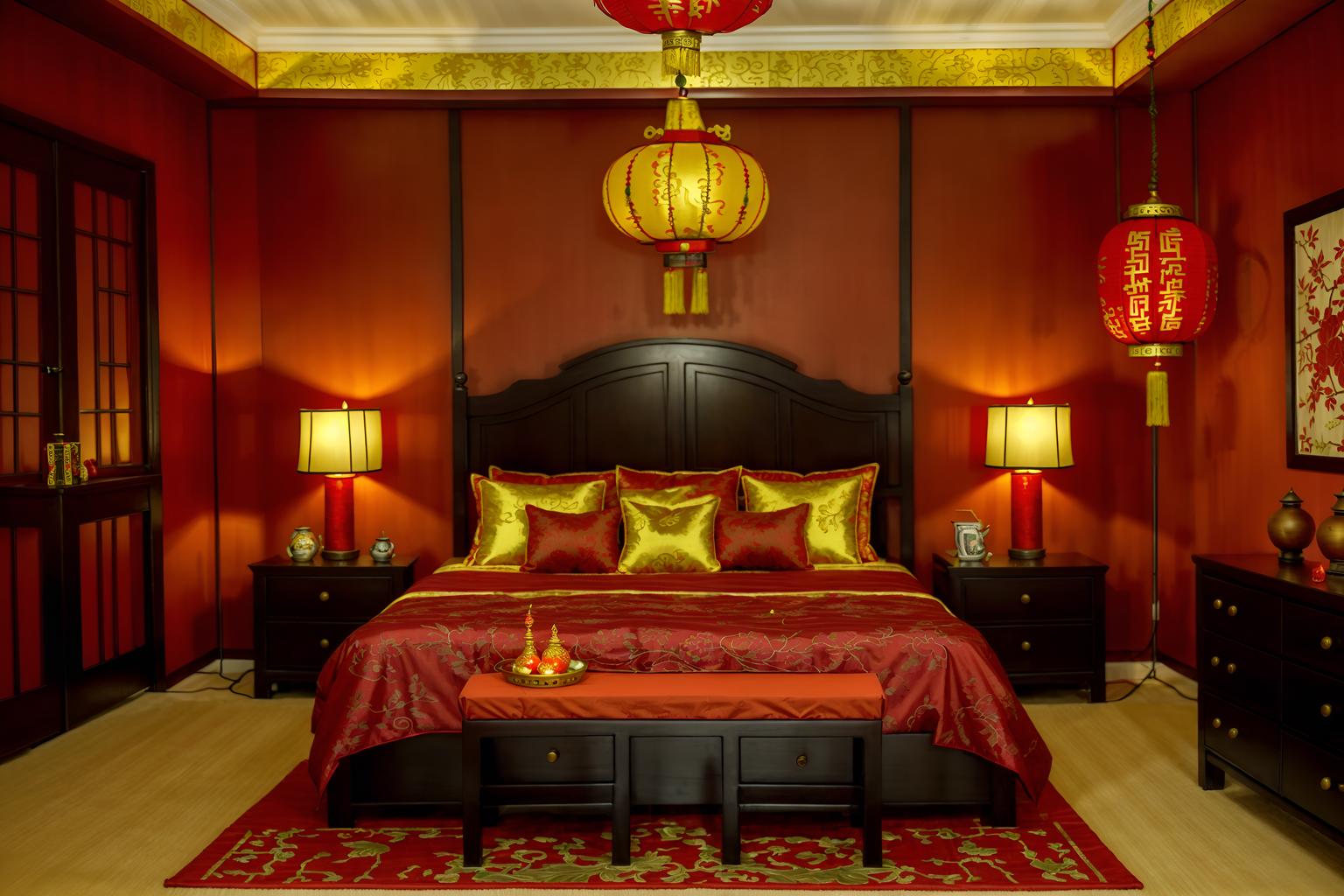 chinese new year-style (bedroom interior) with bedside table or night stand and headboard and bed and accent chair and storage bench or ottoman and night light and mirror and dresser closet. . with red and gold tassels and red and gold candles and chinese red lanterns and door couplets and orange trees and money tree and kumquat trees and gold ingots. . cinematic photo, highly detailed, cinematic lighting, ultra-detailed, ultrarealistic, photorealism, 8k. chinese new year interior design style. masterpiece, cinematic light, ultrarealistic+, photorealistic+, 8k, raw photo, realistic, sharp focus on eyes, (symmetrical eyes), (intact eyes), hyperrealistic, highest quality, best quality, , highly detailed, masterpiece, best quality, extremely detailed 8k wallpaper, masterpiece, best quality, ultra-detailed, best shadow, detailed background, detailed face, detailed eyes, high contrast, best illumination, detailed face, dulux, caustic, dynamic angle, detailed glow. dramatic lighting. highly detailed, insanely detailed hair, symmetrical, intricate details, professionally retouched, 8k high definition. strong bokeh. award winning photo.