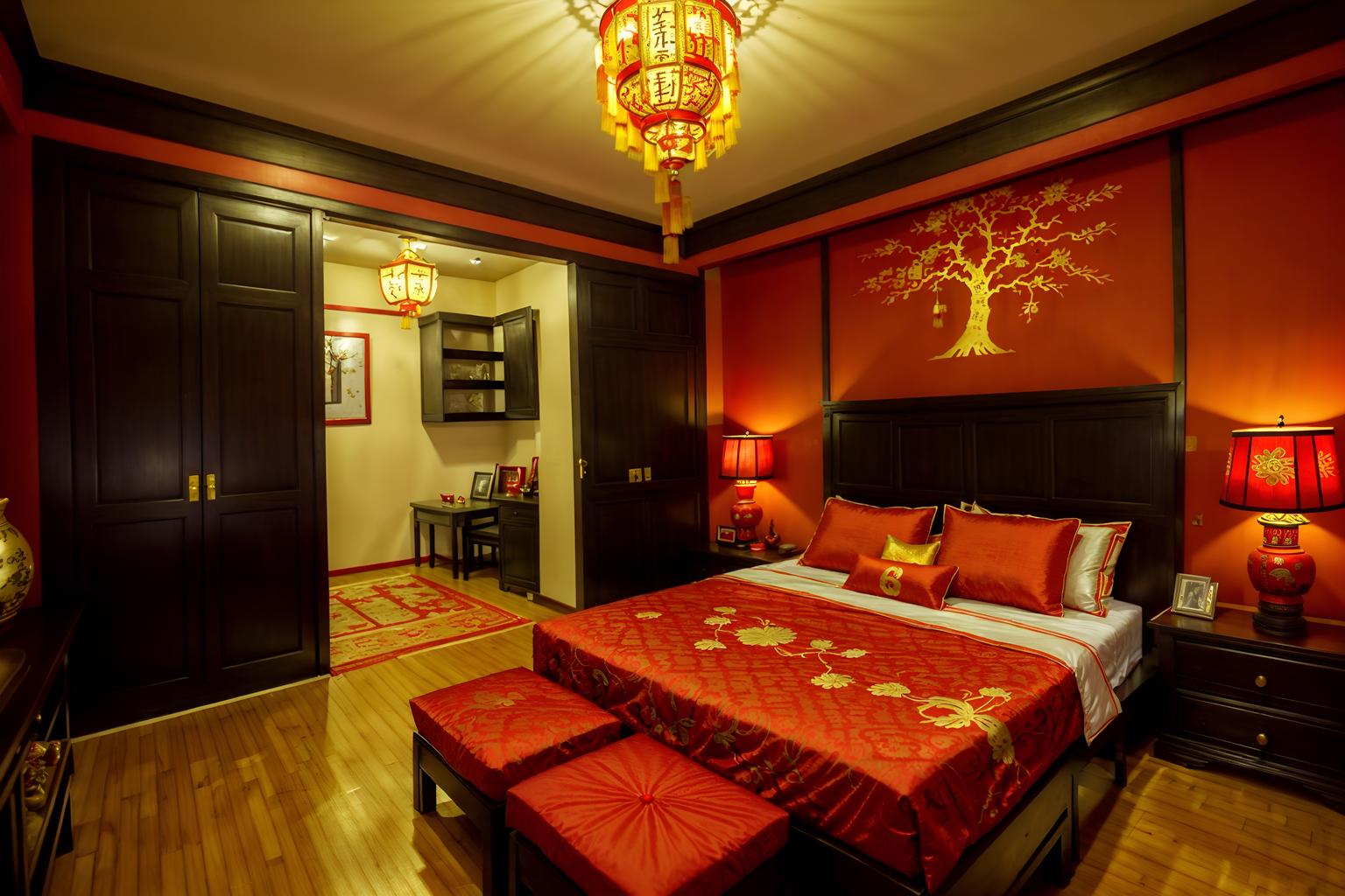 chinese new year-style (bedroom interior) with bedside table or night stand and headboard and bed and accent chair and storage bench or ottoman and night light and mirror and dresser closet. . with red and gold tassels and red and gold candles and chinese red lanterns and door couplets and orange trees and money tree and kumquat trees and gold ingots. . cinematic photo, highly detailed, cinematic lighting, ultra-detailed, ultrarealistic, photorealism, 8k. chinese new year interior design style. masterpiece, cinematic light, ultrarealistic+, photorealistic+, 8k, raw photo, realistic, sharp focus on eyes, (symmetrical eyes), (intact eyes), hyperrealistic, highest quality, best quality, , highly detailed, masterpiece, best quality, extremely detailed 8k wallpaper, masterpiece, best quality, ultra-detailed, best shadow, detailed background, detailed face, detailed eyes, high contrast, best illumination, detailed face, dulux, caustic, dynamic angle, detailed glow. dramatic lighting. highly detailed, insanely detailed hair, symmetrical, intricate details, professionally retouched, 8k high definition. strong bokeh. award winning photo.