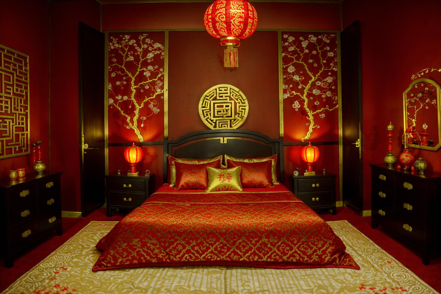 chinese new year-style (bedroom interior) with bedside table or night stand and headboard and bed and accent chair and storage bench or ottoman and night light and mirror and dresser closet. . with red and gold tassels and red and gold candles and chinese red lanterns and door couplets and orange trees and money tree and kumquat trees and gold ingots. . cinematic photo, highly detailed, cinematic lighting, ultra-detailed, ultrarealistic, photorealism, 8k. chinese new year interior design style. masterpiece, cinematic light, ultrarealistic+, photorealistic+, 8k, raw photo, realistic, sharp focus on eyes, (symmetrical eyes), (intact eyes), hyperrealistic, highest quality, best quality, , highly detailed, masterpiece, best quality, extremely detailed 8k wallpaper, masterpiece, best quality, ultra-detailed, best shadow, detailed background, detailed face, detailed eyes, high contrast, best illumination, detailed face, dulux, caustic, dynamic angle, detailed glow. dramatic lighting. highly detailed, insanely detailed hair, symmetrical, intricate details, professionally retouched, 8k high definition. strong bokeh. award winning photo.