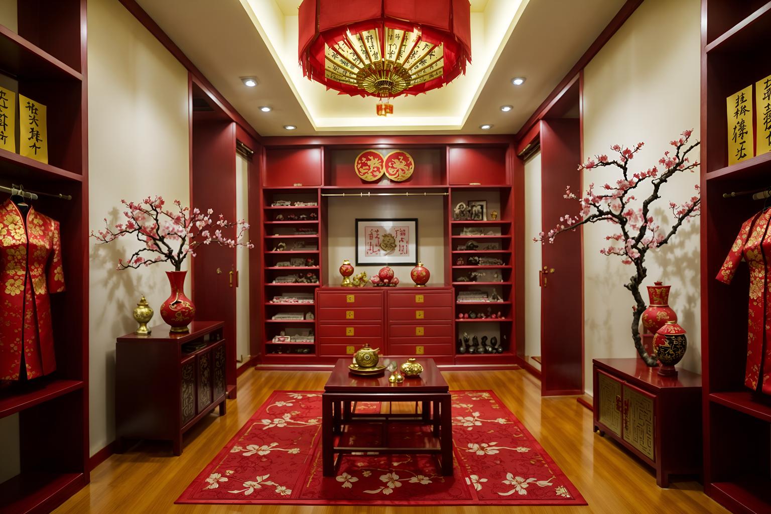 chinese new year-style (walk in closet interior) . with mei hwa flowers and zodiac calendar and fai chun banners and money tree and paper firecrackers and paper cuttings and vases of plum blossoms and orchids and red and gold candles. . cinematic photo, highly detailed, cinematic lighting, ultra-detailed, ultrarealistic, photorealism, 8k. chinese new year interior design style. masterpiece, cinematic light, ultrarealistic+, photorealistic+, 8k, raw photo, realistic, sharp focus on eyes, (symmetrical eyes), (intact eyes), hyperrealistic, highest quality, best quality, , highly detailed, masterpiece, best quality, extremely detailed 8k wallpaper, masterpiece, best quality, ultra-detailed, best shadow, detailed background, detailed face, detailed eyes, high contrast, best illumination, detailed face, dulux, caustic, dynamic angle, detailed glow. dramatic lighting. highly detailed, insanely detailed hair, symmetrical, intricate details, professionally retouched, 8k high definition. strong bokeh. award winning photo.