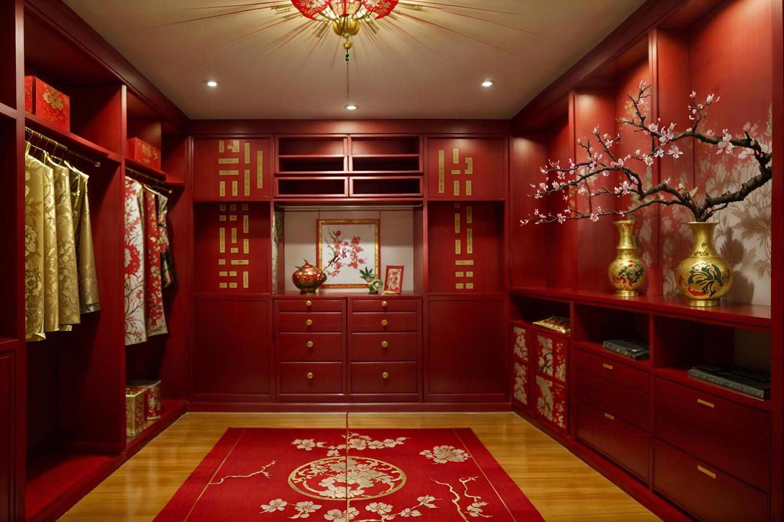 chinese new year-style (walk in closet interior) . with mei hwa flowers and zodiac calendar and fai chun banners and money tree and paper firecrackers and paper cuttings and vases of plum blossoms and orchids and red and gold candles. . cinematic photo, highly detailed, cinematic lighting, ultra-detailed, ultrarealistic, photorealism, 8k. chinese new year interior design style. masterpiece, cinematic light, ultrarealistic+, photorealistic+, 8k, raw photo, realistic, sharp focus on eyes, (symmetrical eyes), (intact eyes), hyperrealistic, highest quality, best quality, , highly detailed, masterpiece, best quality, extremely detailed 8k wallpaper, masterpiece, best quality, ultra-detailed, best shadow, detailed background, detailed face, detailed eyes, high contrast, best illumination, detailed face, dulux, caustic, dynamic angle, detailed glow. dramatic lighting. highly detailed, insanely detailed hair, symmetrical, intricate details, professionally retouched, 8k high definition. strong bokeh. award winning photo.