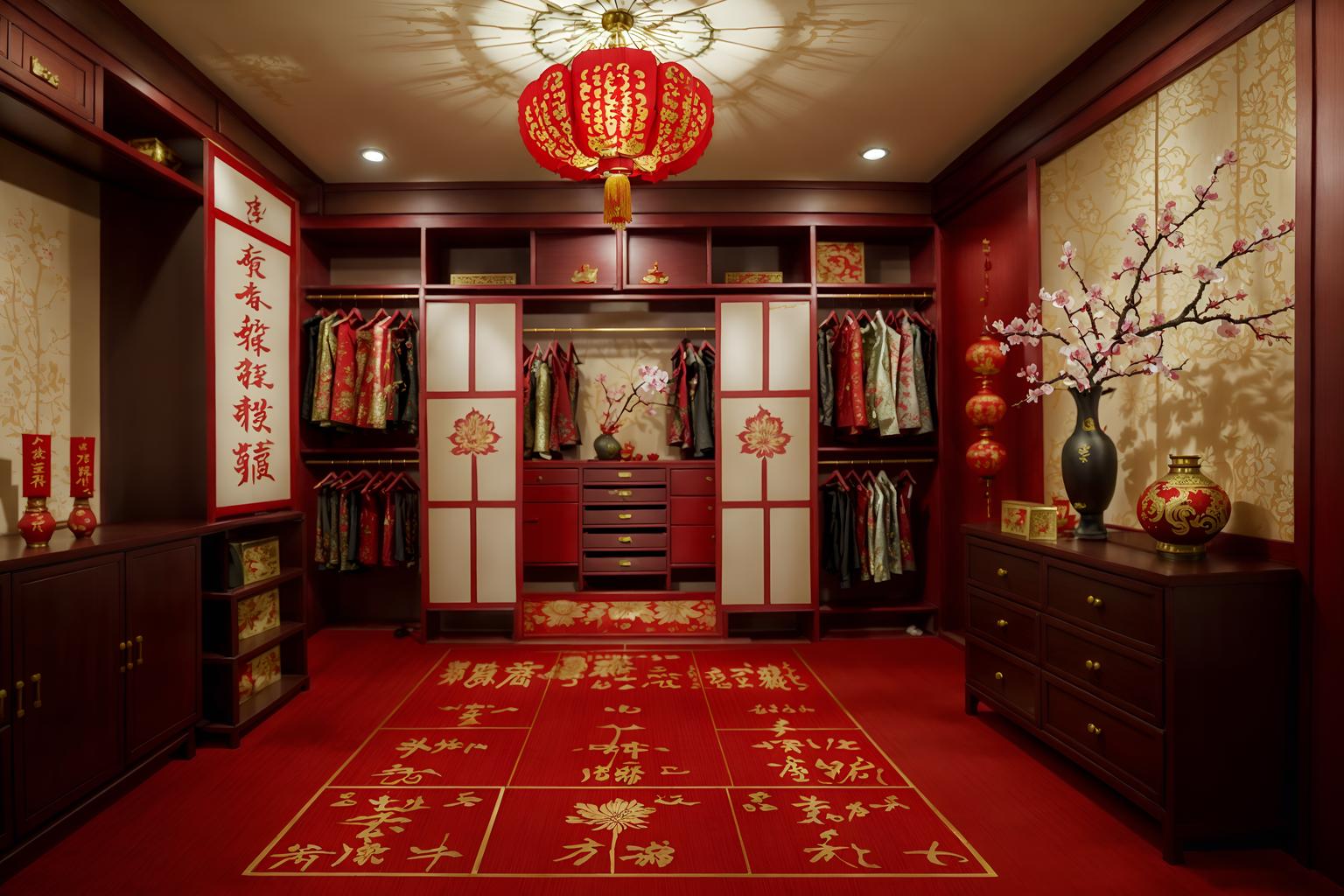 chinese new year-style (walk in closet interior) . with mei hwa flowers and zodiac calendar and fai chun banners and money tree and paper firecrackers and paper cuttings and vases of plum blossoms and orchids and red and gold candles. . cinematic photo, highly detailed, cinematic lighting, ultra-detailed, ultrarealistic, photorealism, 8k. chinese new year interior design style. masterpiece, cinematic light, ultrarealistic+, photorealistic+, 8k, raw photo, realistic, sharp focus on eyes, (symmetrical eyes), (intact eyes), hyperrealistic, highest quality, best quality, , highly detailed, masterpiece, best quality, extremely detailed 8k wallpaper, masterpiece, best quality, ultra-detailed, best shadow, detailed background, detailed face, detailed eyes, high contrast, best illumination, detailed face, dulux, caustic, dynamic angle, detailed glow. dramatic lighting. highly detailed, insanely detailed hair, symmetrical, intricate details, professionally retouched, 8k high definition. strong bokeh. award winning photo.