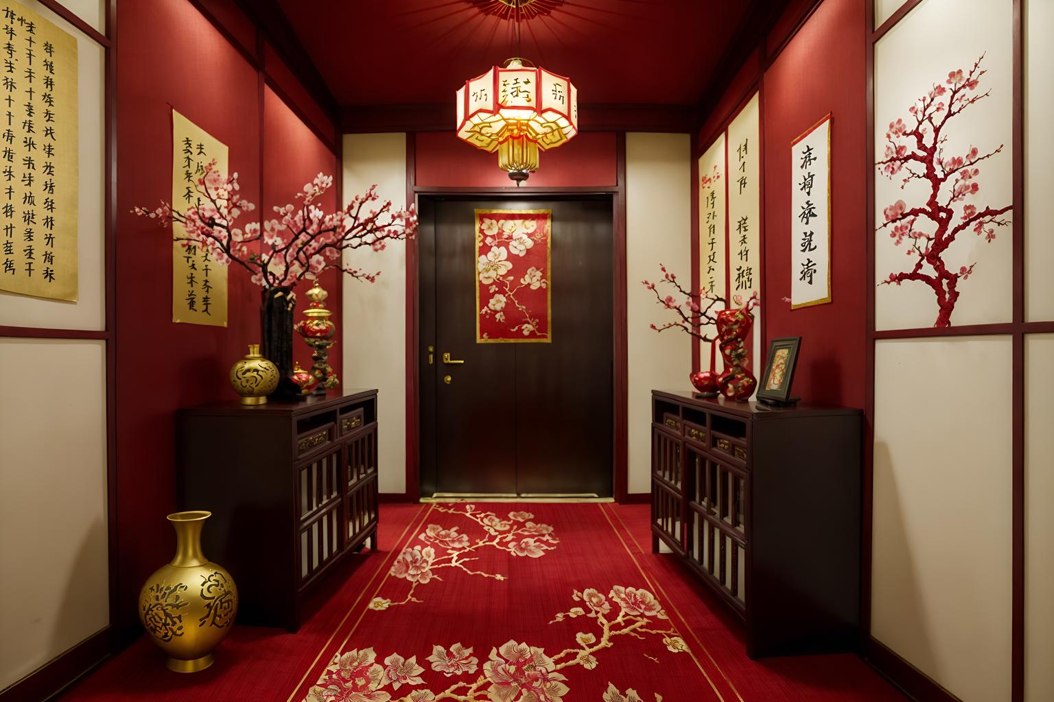 chinese new year-style (walk in closet interior) . with mei hwa flowers and zodiac calendar and fai chun banners and money tree and paper firecrackers and paper cuttings and vases of plum blossoms and orchids and red and gold candles. . cinematic photo, highly detailed, cinematic lighting, ultra-detailed, ultrarealistic, photorealism, 8k. chinese new year interior design style. masterpiece, cinematic light, ultrarealistic+, photorealistic+, 8k, raw photo, realistic, sharp focus on eyes, (symmetrical eyes), (intact eyes), hyperrealistic, highest quality, best quality, , highly detailed, masterpiece, best quality, extremely detailed 8k wallpaper, masterpiece, best quality, ultra-detailed, best shadow, detailed background, detailed face, detailed eyes, high contrast, best illumination, detailed face, dulux, caustic, dynamic angle, detailed glow. dramatic lighting. highly detailed, insanely detailed hair, symmetrical, intricate details, professionally retouched, 8k high definition. strong bokeh. award winning photo.