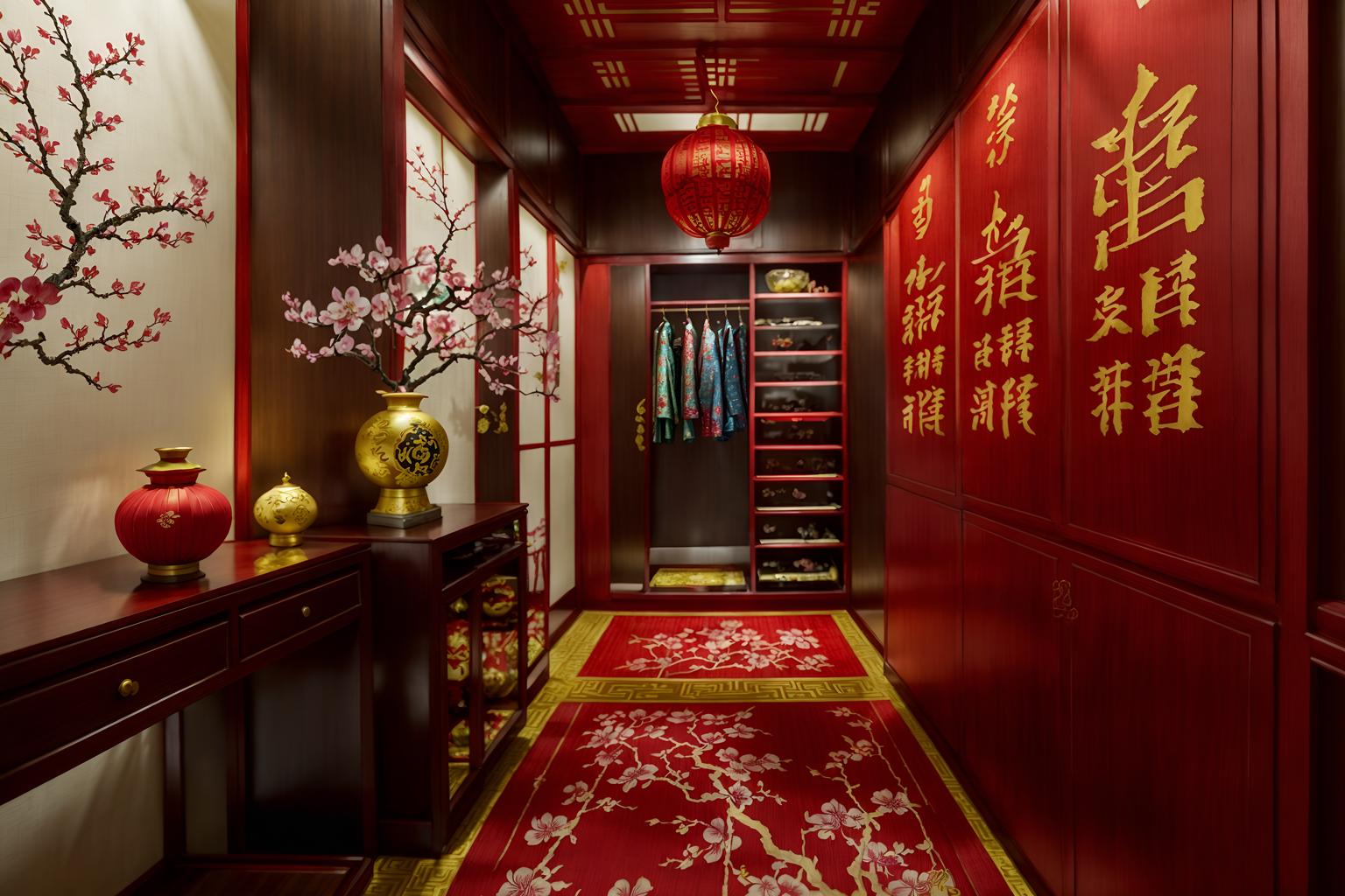 chinese new year-style (walk in closet interior) . with mei hwa flowers and zodiac calendar and fai chun banners and money tree and paper firecrackers and paper cuttings and vases of plum blossoms and orchids and red and gold candles. . cinematic photo, highly detailed, cinematic lighting, ultra-detailed, ultrarealistic, photorealism, 8k. chinese new year interior design style. masterpiece, cinematic light, ultrarealistic+, photorealistic+, 8k, raw photo, realistic, sharp focus on eyes, (symmetrical eyes), (intact eyes), hyperrealistic, highest quality, best quality, , highly detailed, masterpiece, best quality, extremely detailed 8k wallpaper, masterpiece, best quality, ultra-detailed, best shadow, detailed background, detailed face, detailed eyes, high contrast, best illumination, detailed face, dulux, caustic, dynamic angle, detailed glow. dramatic lighting. highly detailed, insanely detailed hair, symmetrical, intricate details, professionally retouched, 8k high definition. strong bokeh. award winning photo.