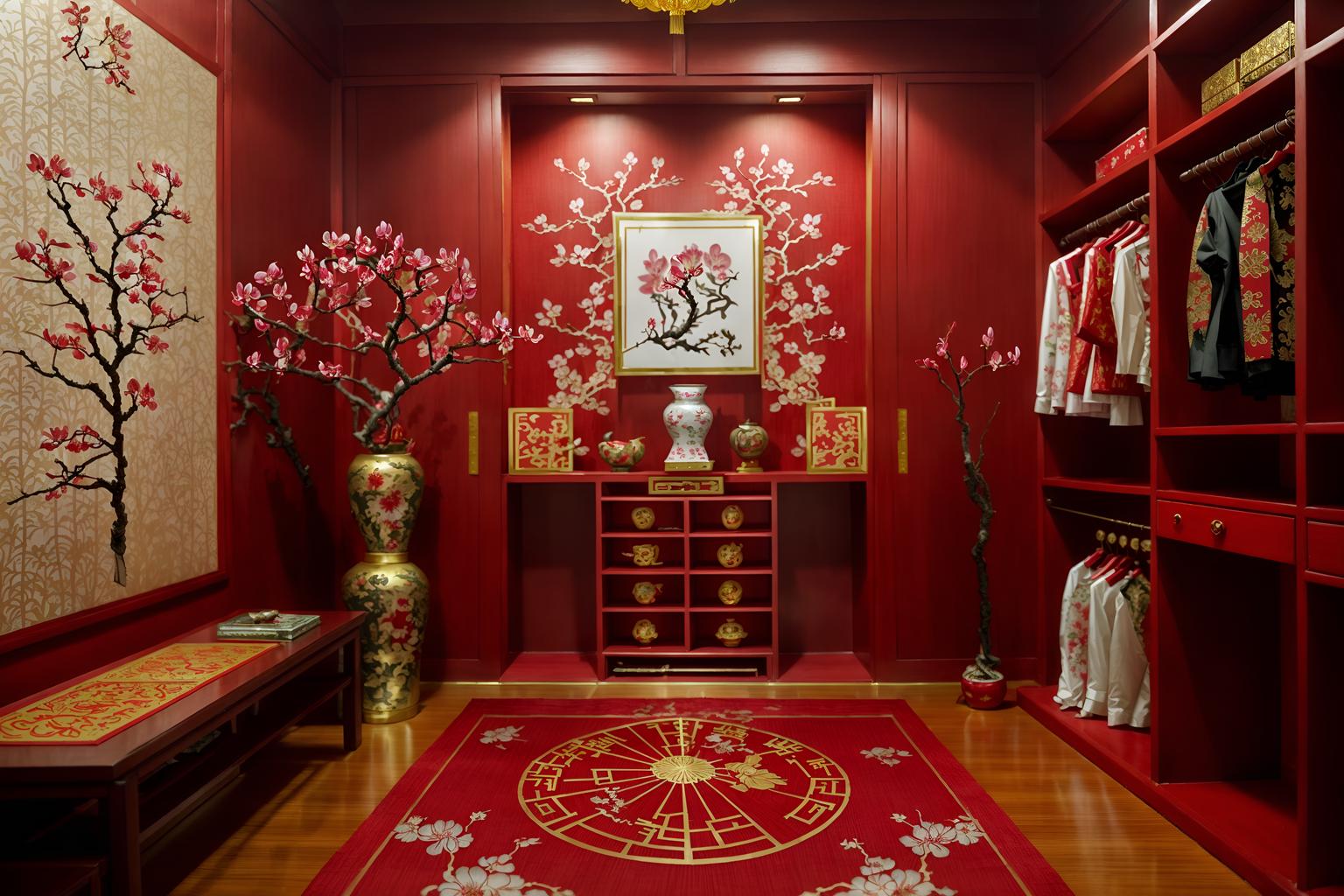 chinese new year-style (walk in closet interior) . with mei hwa flowers and zodiac calendar and fai chun banners and money tree and paper firecrackers and paper cuttings and vases of plum blossoms and orchids and red and gold candles. . cinematic photo, highly detailed, cinematic lighting, ultra-detailed, ultrarealistic, photorealism, 8k. chinese new year interior design style. masterpiece, cinematic light, ultrarealistic+, photorealistic+, 8k, raw photo, realistic, sharp focus on eyes, (symmetrical eyes), (intact eyes), hyperrealistic, highest quality, best quality, , highly detailed, masterpiece, best quality, extremely detailed 8k wallpaper, masterpiece, best quality, ultra-detailed, best shadow, detailed background, detailed face, detailed eyes, high contrast, best illumination, detailed face, dulux, caustic, dynamic angle, detailed glow. dramatic lighting. highly detailed, insanely detailed hair, symmetrical, intricate details, professionally retouched, 8k high definition. strong bokeh. award winning photo.