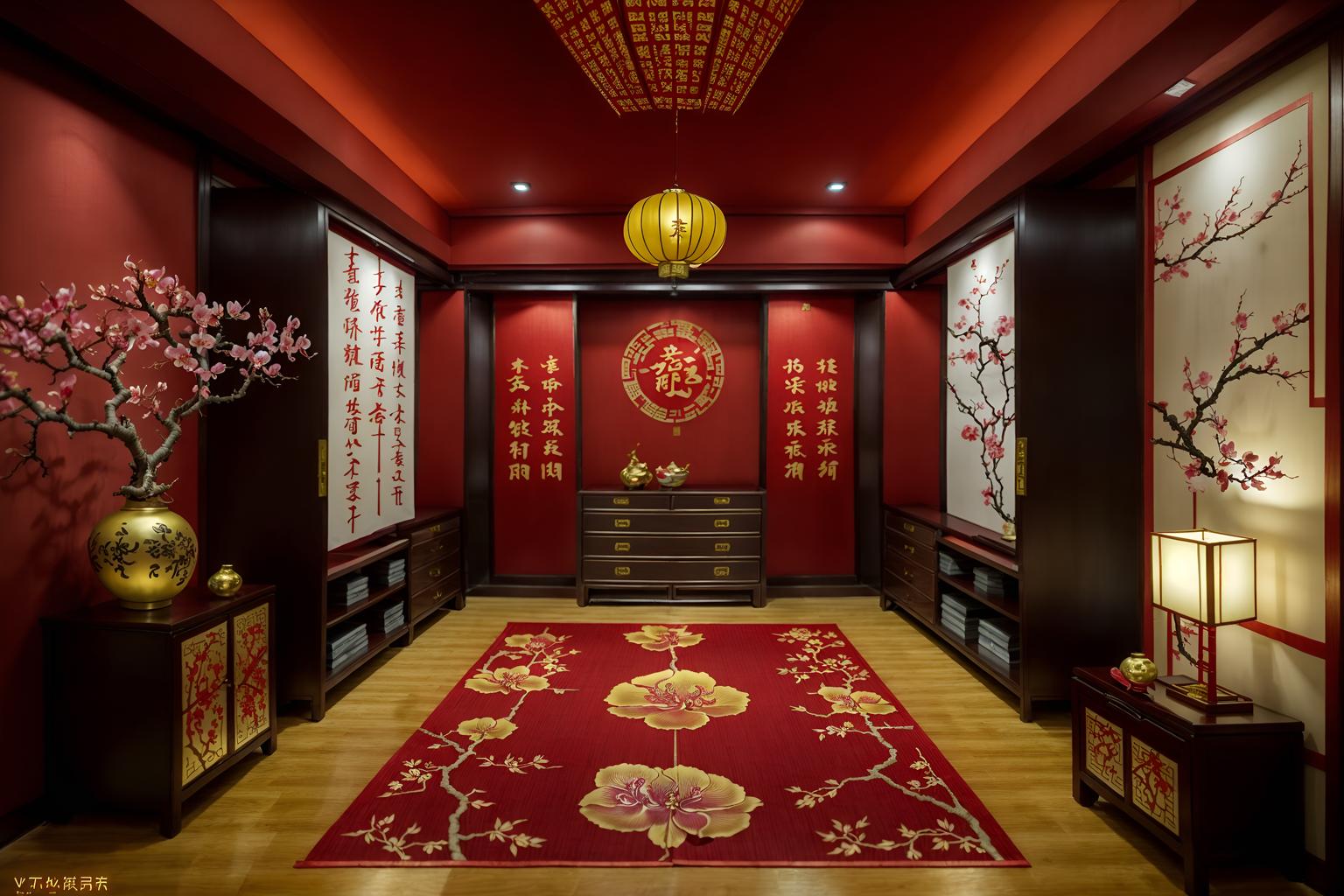 chinese new year-style (walk in closet interior) . with mei hwa flowers and zodiac calendar and fai chun banners and money tree and paper firecrackers and paper cuttings and vases of plum blossoms and orchids and red and gold candles. . cinematic photo, highly detailed, cinematic lighting, ultra-detailed, ultrarealistic, photorealism, 8k. chinese new year interior design style. masterpiece, cinematic light, ultrarealistic+, photorealistic+, 8k, raw photo, realistic, sharp focus on eyes, (symmetrical eyes), (intact eyes), hyperrealistic, highest quality, best quality, , highly detailed, masterpiece, best quality, extremely detailed 8k wallpaper, masterpiece, best quality, ultra-detailed, best shadow, detailed background, detailed face, detailed eyes, high contrast, best illumination, detailed face, dulux, caustic, dynamic angle, detailed glow. dramatic lighting. highly detailed, insanely detailed hair, symmetrical, intricate details, professionally retouched, 8k high definition. strong bokeh. award winning photo.