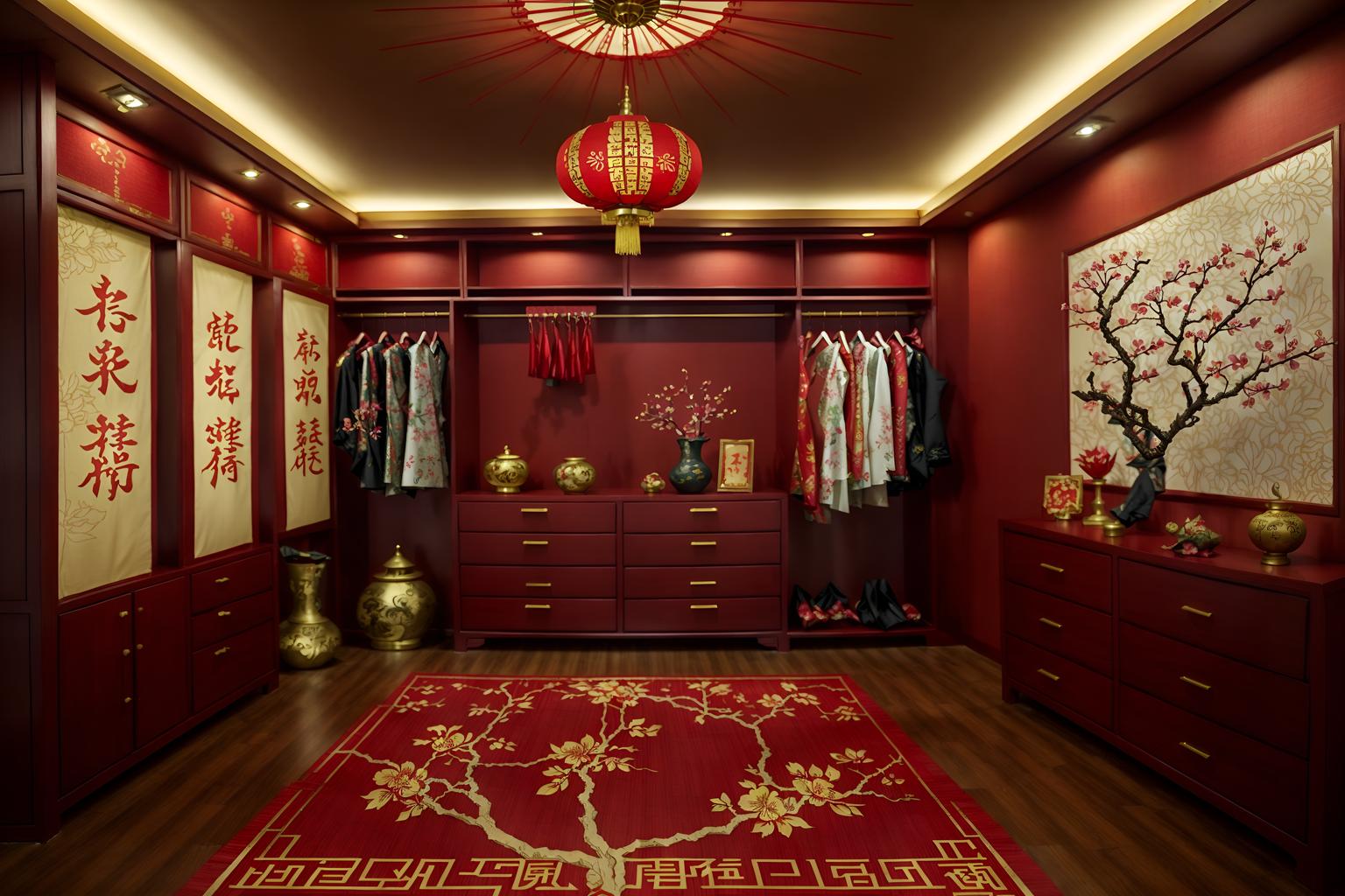 chinese new year-style (walk in closet interior) . with mei hwa flowers and zodiac calendar and fai chun banners and money tree and paper firecrackers and paper cuttings and vases of plum blossoms and orchids and red and gold candles. . cinematic photo, highly detailed, cinematic lighting, ultra-detailed, ultrarealistic, photorealism, 8k. chinese new year interior design style. masterpiece, cinematic light, ultrarealistic+, photorealistic+, 8k, raw photo, realistic, sharp focus on eyes, (symmetrical eyes), (intact eyes), hyperrealistic, highest quality, best quality, , highly detailed, masterpiece, best quality, extremely detailed 8k wallpaper, masterpiece, best quality, ultra-detailed, best shadow, detailed background, detailed face, detailed eyes, high contrast, best illumination, detailed face, dulux, caustic, dynamic angle, detailed glow. dramatic lighting. highly detailed, insanely detailed hair, symmetrical, intricate details, professionally retouched, 8k high definition. strong bokeh. award winning photo.