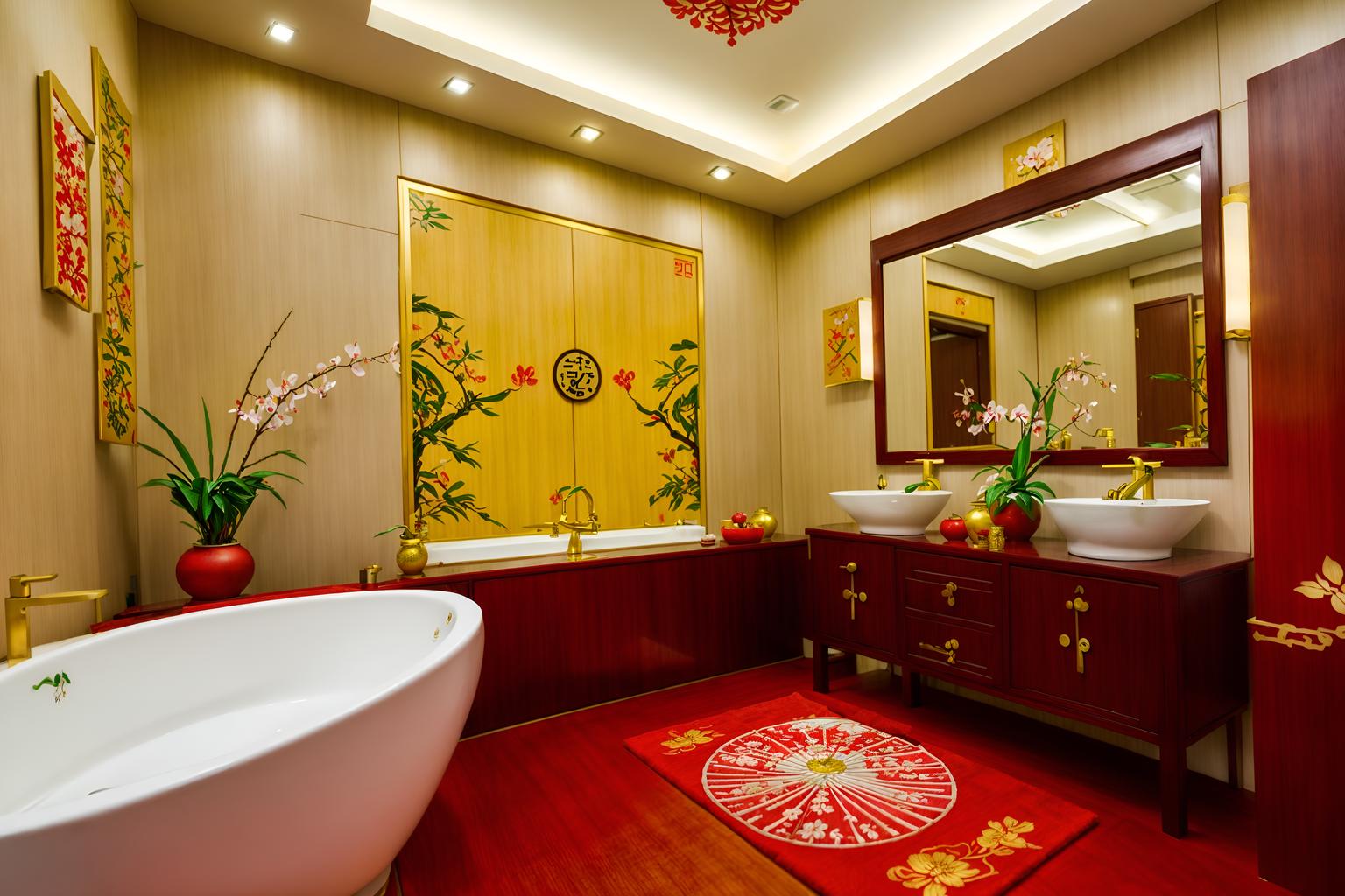 chinese new year-style (bathroom interior) with bathroom sink with faucet and toilet seat and bathtub and bath towel and bath rail and plant and shower and mirror. . with kumquat trees and vases of plum blossoms and orchids and money tree and mei hwa flowers and gold ingots and red fabric & pillows and zodiac calendar and paper cuttings. . cinematic photo, highly detailed, cinematic lighting, ultra-detailed, ultrarealistic, photorealism, 8k. chinese new year interior design style. masterpiece, cinematic light, ultrarealistic+, photorealistic+, 8k, raw photo, realistic, sharp focus on eyes, (symmetrical eyes), (intact eyes), hyperrealistic, highest quality, best quality, , highly detailed, masterpiece, best quality, extremely detailed 8k wallpaper, masterpiece, best quality, ultra-detailed, best shadow, detailed background, detailed face, detailed eyes, high contrast, best illumination, detailed face, dulux, caustic, dynamic angle, detailed glow. dramatic lighting. highly detailed, insanely detailed hair, symmetrical, intricate details, professionally retouched, 8k high definition. strong bokeh. award winning photo.