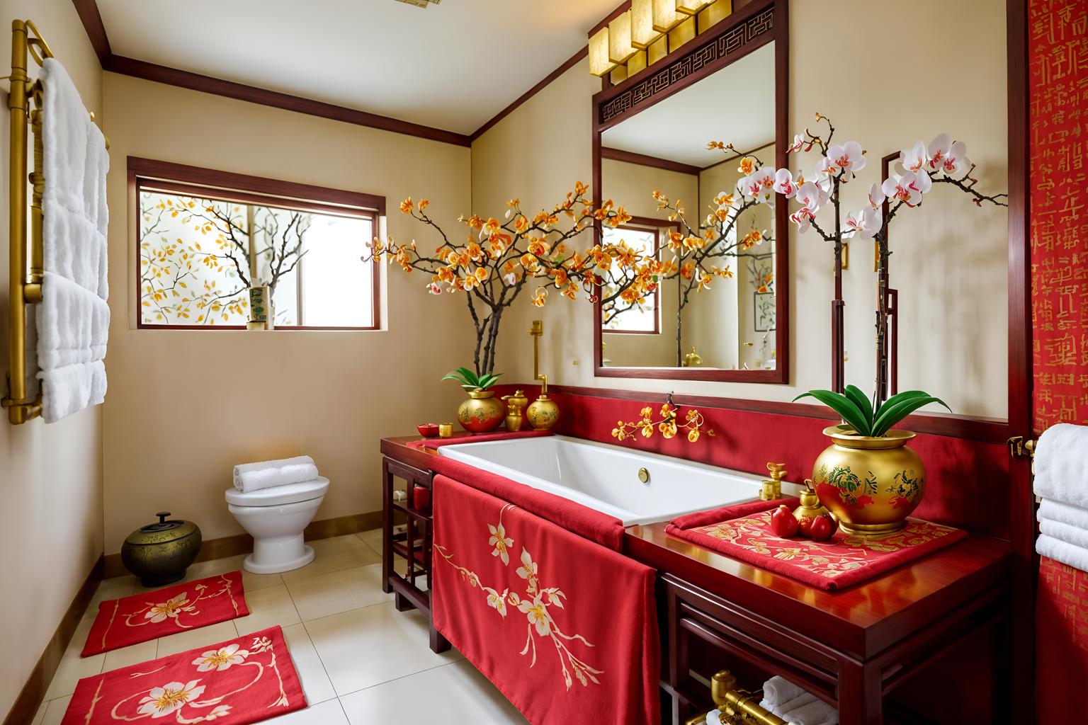 chinese new year-style (bathroom interior) with bathroom sink with faucet and toilet seat and bathtub and bath towel and bath rail and plant and shower and mirror. . with kumquat trees and vases of plum blossoms and orchids and money tree and mei hwa flowers and gold ingots and red fabric & pillows and zodiac calendar and paper cuttings. . cinematic photo, highly detailed, cinematic lighting, ultra-detailed, ultrarealistic, photorealism, 8k. chinese new year interior design style. masterpiece, cinematic light, ultrarealistic+, photorealistic+, 8k, raw photo, realistic, sharp focus on eyes, (symmetrical eyes), (intact eyes), hyperrealistic, highest quality, best quality, , highly detailed, masterpiece, best quality, extremely detailed 8k wallpaper, masterpiece, best quality, ultra-detailed, best shadow, detailed background, detailed face, detailed eyes, high contrast, best illumination, detailed face, dulux, caustic, dynamic angle, detailed glow. dramatic lighting. highly detailed, insanely detailed hair, symmetrical, intricate details, professionally retouched, 8k high definition. strong bokeh. award winning photo.