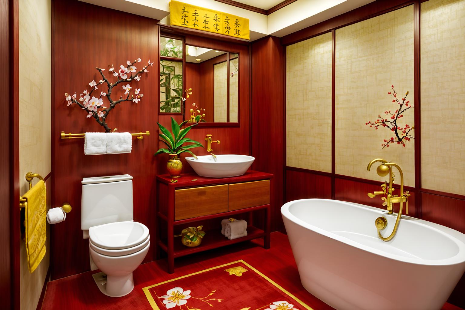 chinese new year-style (bathroom interior) with bathroom sink with faucet and toilet seat and bathtub and bath towel and bath rail and plant and shower and mirror. . with kumquat trees and vases of plum blossoms and orchids and money tree and mei hwa flowers and gold ingots and red fabric & pillows and zodiac calendar and paper cuttings. . cinematic photo, highly detailed, cinematic lighting, ultra-detailed, ultrarealistic, photorealism, 8k. chinese new year interior design style. masterpiece, cinematic light, ultrarealistic+, photorealistic+, 8k, raw photo, realistic, sharp focus on eyes, (symmetrical eyes), (intact eyes), hyperrealistic, highest quality, best quality, , highly detailed, masterpiece, best quality, extremely detailed 8k wallpaper, masterpiece, best quality, ultra-detailed, best shadow, detailed background, detailed face, detailed eyes, high contrast, best illumination, detailed face, dulux, caustic, dynamic angle, detailed glow. dramatic lighting. highly detailed, insanely detailed hair, symmetrical, intricate details, professionally retouched, 8k high definition. strong bokeh. award winning photo.