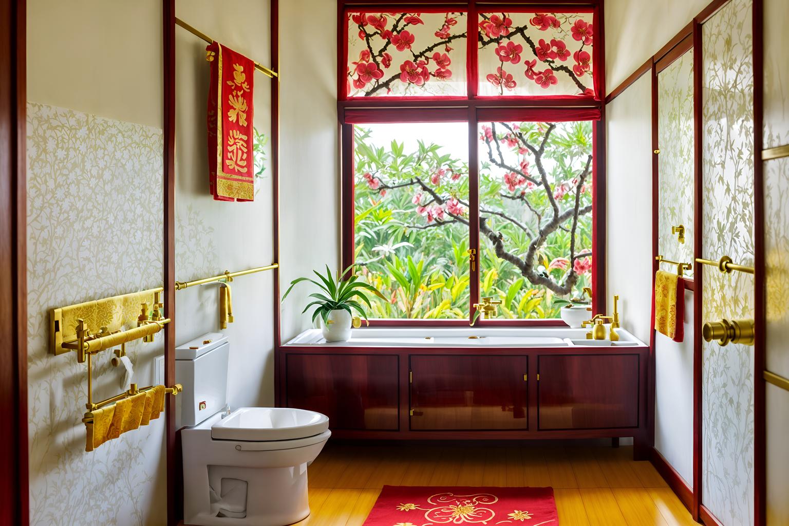 chinese new year-style (bathroom interior) with bathroom sink with faucet and toilet seat and bathtub and bath towel and bath rail and plant and shower and mirror. . with kumquat trees and vases of plum blossoms and orchids and money tree and mei hwa flowers and gold ingots and red fabric & pillows and zodiac calendar and paper cuttings. . cinematic photo, highly detailed, cinematic lighting, ultra-detailed, ultrarealistic, photorealism, 8k. chinese new year interior design style. masterpiece, cinematic light, ultrarealistic+, photorealistic+, 8k, raw photo, realistic, sharp focus on eyes, (symmetrical eyes), (intact eyes), hyperrealistic, highest quality, best quality, , highly detailed, masterpiece, best quality, extremely detailed 8k wallpaper, masterpiece, best quality, ultra-detailed, best shadow, detailed background, detailed face, detailed eyes, high contrast, best illumination, detailed face, dulux, caustic, dynamic angle, detailed glow. dramatic lighting. highly detailed, insanely detailed hair, symmetrical, intricate details, professionally retouched, 8k high definition. strong bokeh. award winning photo.