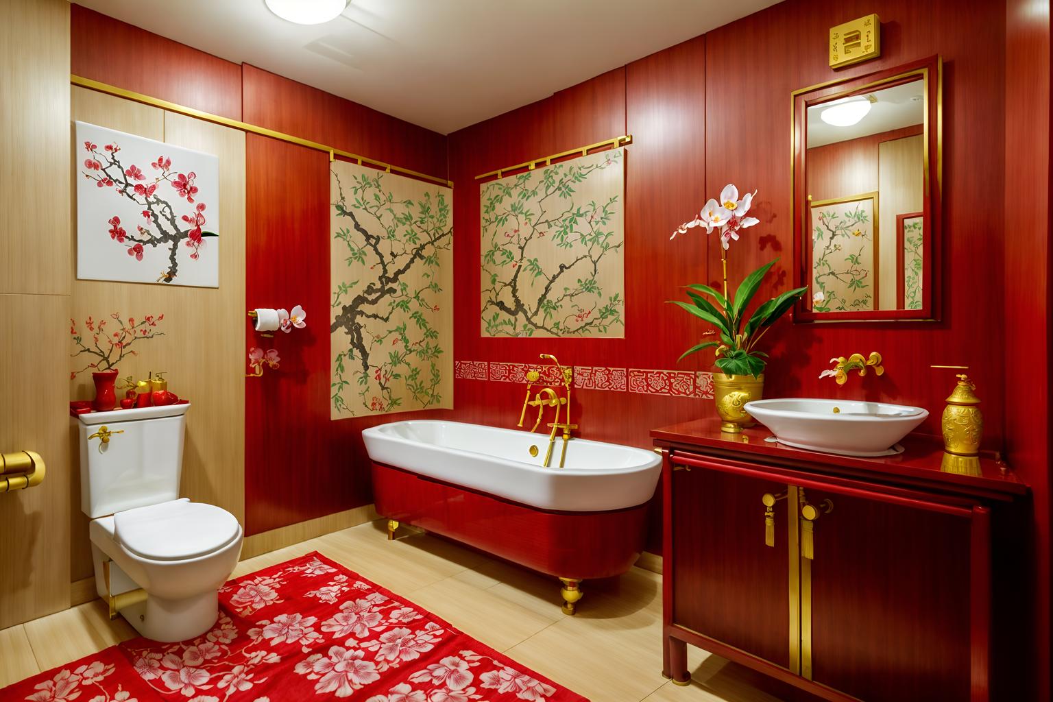 chinese new year-style (bathroom interior) with bathroom sink with faucet and toilet seat and bathtub and bath towel and bath rail and plant and shower and mirror. . with kumquat trees and vases of plum blossoms and orchids and money tree and mei hwa flowers and gold ingots and red fabric & pillows and zodiac calendar and paper cuttings. . cinematic photo, highly detailed, cinematic lighting, ultra-detailed, ultrarealistic, photorealism, 8k. chinese new year interior design style. masterpiece, cinematic light, ultrarealistic+, photorealistic+, 8k, raw photo, realistic, sharp focus on eyes, (symmetrical eyes), (intact eyes), hyperrealistic, highest quality, best quality, , highly detailed, masterpiece, best quality, extremely detailed 8k wallpaper, masterpiece, best quality, ultra-detailed, best shadow, detailed background, detailed face, detailed eyes, high contrast, best illumination, detailed face, dulux, caustic, dynamic angle, detailed glow. dramatic lighting. highly detailed, insanely detailed hair, symmetrical, intricate details, professionally retouched, 8k high definition. strong bokeh. award winning photo.