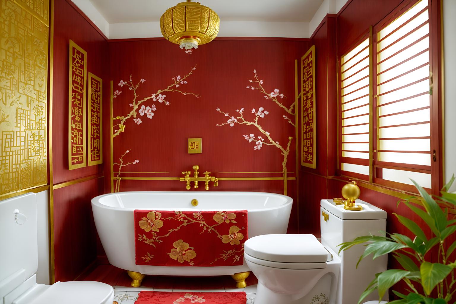 chinese new year-style (bathroom interior) with bathroom sink with faucet and toilet seat and bathtub and bath towel and bath rail and plant and shower and mirror. . with kumquat trees and vases of plum blossoms and orchids and money tree and mei hwa flowers and gold ingots and red fabric & pillows and zodiac calendar and paper cuttings. . cinematic photo, highly detailed, cinematic lighting, ultra-detailed, ultrarealistic, photorealism, 8k. chinese new year interior design style. masterpiece, cinematic light, ultrarealistic+, photorealistic+, 8k, raw photo, realistic, sharp focus on eyes, (symmetrical eyes), (intact eyes), hyperrealistic, highest quality, best quality, , highly detailed, masterpiece, best quality, extremely detailed 8k wallpaper, masterpiece, best quality, ultra-detailed, best shadow, detailed background, detailed face, detailed eyes, high contrast, best illumination, detailed face, dulux, caustic, dynamic angle, detailed glow. dramatic lighting. highly detailed, insanely detailed hair, symmetrical, intricate details, professionally retouched, 8k high definition. strong bokeh. award winning photo.