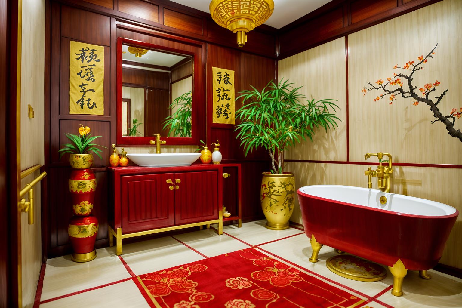 chinese new year-style (bathroom interior) with bathroom sink with faucet and toilet seat and bathtub and bath towel and bath rail and plant and shower and mirror. . with kumquat trees and vases of plum blossoms and orchids and money tree and mei hwa flowers and gold ingots and red fabric & pillows and zodiac calendar and paper cuttings. . cinematic photo, highly detailed, cinematic lighting, ultra-detailed, ultrarealistic, photorealism, 8k. chinese new year interior design style. masterpiece, cinematic light, ultrarealistic+, photorealistic+, 8k, raw photo, realistic, sharp focus on eyes, (symmetrical eyes), (intact eyes), hyperrealistic, highest quality, best quality, , highly detailed, masterpiece, best quality, extremely detailed 8k wallpaper, masterpiece, best quality, ultra-detailed, best shadow, detailed background, detailed face, detailed eyes, high contrast, best illumination, detailed face, dulux, caustic, dynamic angle, detailed glow. dramatic lighting. highly detailed, insanely detailed hair, symmetrical, intricate details, professionally retouched, 8k high definition. strong bokeh. award winning photo.