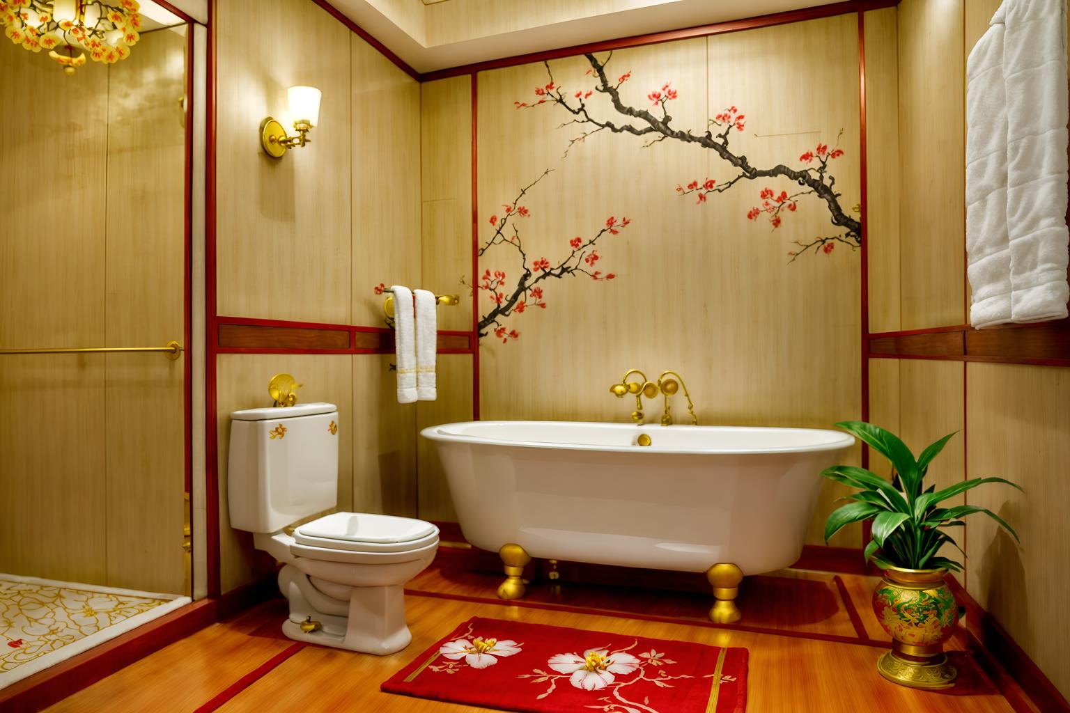 chinese new year-style (bathroom interior) with bathroom sink with faucet and toilet seat and bathtub and bath towel and bath rail and plant and shower and mirror. . with kumquat trees and vases of plum blossoms and orchids and money tree and mei hwa flowers and gold ingots and red fabric & pillows and zodiac calendar and paper cuttings. . cinematic photo, highly detailed, cinematic lighting, ultra-detailed, ultrarealistic, photorealism, 8k. chinese new year interior design style. masterpiece, cinematic light, ultrarealistic+, photorealistic+, 8k, raw photo, realistic, sharp focus on eyes, (symmetrical eyes), (intact eyes), hyperrealistic, highest quality, best quality, , highly detailed, masterpiece, best quality, extremely detailed 8k wallpaper, masterpiece, best quality, ultra-detailed, best shadow, detailed background, detailed face, detailed eyes, high contrast, best illumination, detailed face, dulux, caustic, dynamic angle, detailed glow. dramatic lighting. highly detailed, insanely detailed hair, symmetrical, intricate details, professionally retouched, 8k high definition. strong bokeh. award winning photo.