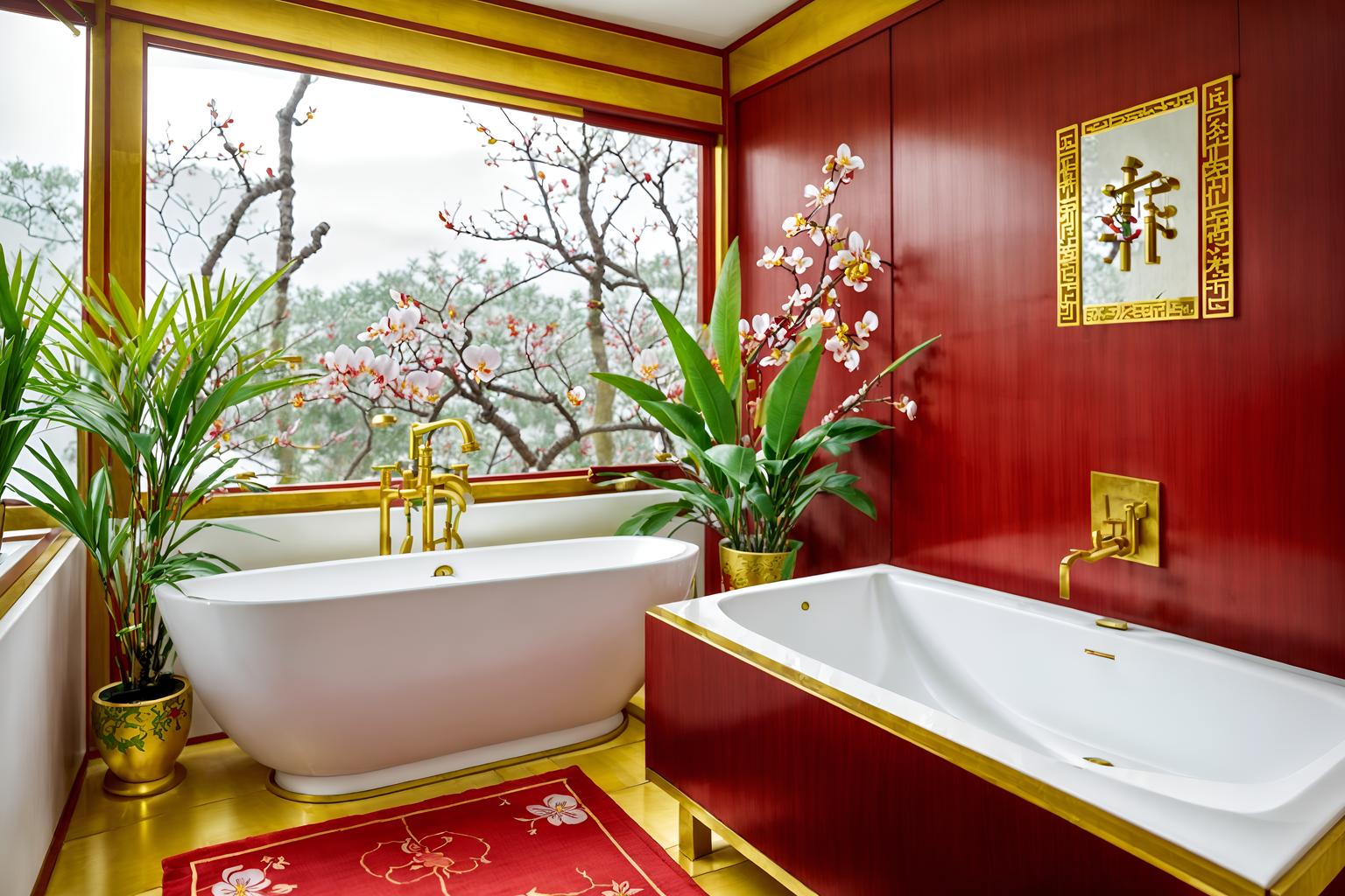 chinese new year-style (bathroom interior) with bathroom sink with faucet and toilet seat and bathtub and bath towel and bath rail and plant and shower and mirror. . with kumquat trees and vases of plum blossoms and orchids and money tree and mei hwa flowers and gold ingots and red fabric & pillows and zodiac calendar and paper cuttings. . cinematic photo, highly detailed, cinematic lighting, ultra-detailed, ultrarealistic, photorealism, 8k. chinese new year interior design style. masterpiece, cinematic light, ultrarealistic+, photorealistic+, 8k, raw photo, realistic, sharp focus on eyes, (symmetrical eyes), (intact eyes), hyperrealistic, highest quality, best quality, , highly detailed, masterpiece, best quality, extremely detailed 8k wallpaper, masterpiece, best quality, ultra-detailed, best shadow, detailed background, detailed face, detailed eyes, high contrast, best illumination, detailed face, dulux, caustic, dynamic angle, detailed glow. dramatic lighting. highly detailed, insanely detailed hair, symmetrical, intricate details, professionally retouched, 8k high definition. strong bokeh. award winning photo.