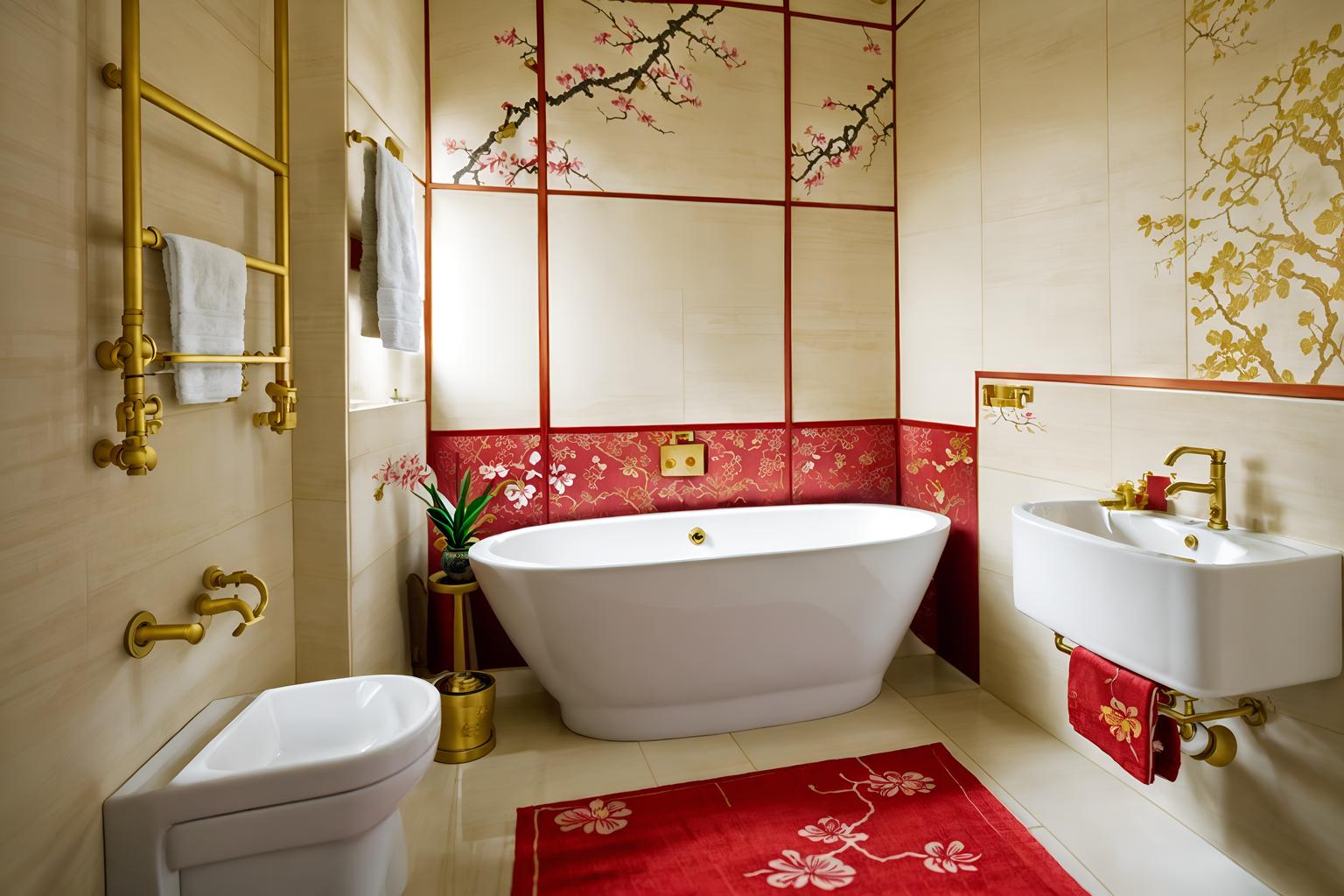 chinese new year-style (bathroom interior) with bathroom sink with faucet and toilet seat and bathtub and bath towel and bath rail and plant and shower and mirror. . with kumquat trees and vases of plum blossoms and orchids and money tree and mei hwa flowers and gold ingots and red fabric & pillows and zodiac calendar and paper cuttings. . cinematic photo, highly detailed, cinematic lighting, ultra-detailed, ultrarealistic, photorealism, 8k. chinese new year interior design style. masterpiece, cinematic light, ultrarealistic+, photorealistic+, 8k, raw photo, realistic, sharp focus on eyes, (symmetrical eyes), (intact eyes), hyperrealistic, highest quality, best quality, , highly detailed, masterpiece, best quality, extremely detailed 8k wallpaper, masterpiece, best quality, ultra-detailed, best shadow, detailed background, detailed face, detailed eyes, high contrast, best illumination, detailed face, dulux, caustic, dynamic angle, detailed glow. dramatic lighting. highly detailed, insanely detailed hair, symmetrical, intricate details, professionally retouched, 8k high definition. strong bokeh. award winning photo.