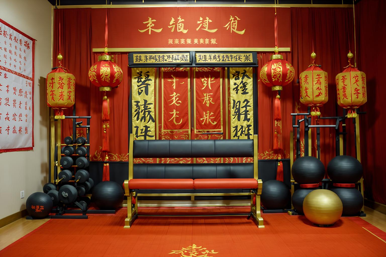 chinese new year-style (fitness gym interior) with crosstrainer and exercise bicycle and squat rack and bench press and dumbbell stand and crosstrainer. . with chinese knots and door couplets and paper cuttings and zodiac calendar and red and gold candles and orange trees and red and gold tassels and fai chun banners. . cinematic photo, highly detailed, cinematic lighting, ultra-detailed, ultrarealistic, photorealism, 8k. chinese new year interior design style. masterpiece, cinematic light, ultrarealistic+, photorealistic+, 8k, raw photo, realistic, sharp focus on eyes, (symmetrical eyes), (intact eyes), hyperrealistic, highest quality, best quality, , highly detailed, masterpiece, best quality, extremely detailed 8k wallpaper, masterpiece, best quality, ultra-detailed, best shadow, detailed background, detailed face, detailed eyes, high contrast, best illumination, detailed face, dulux, caustic, dynamic angle, detailed glow. dramatic lighting. highly detailed, insanely detailed hair, symmetrical, intricate details, professionally retouched, 8k high definition. strong bokeh. award winning photo.