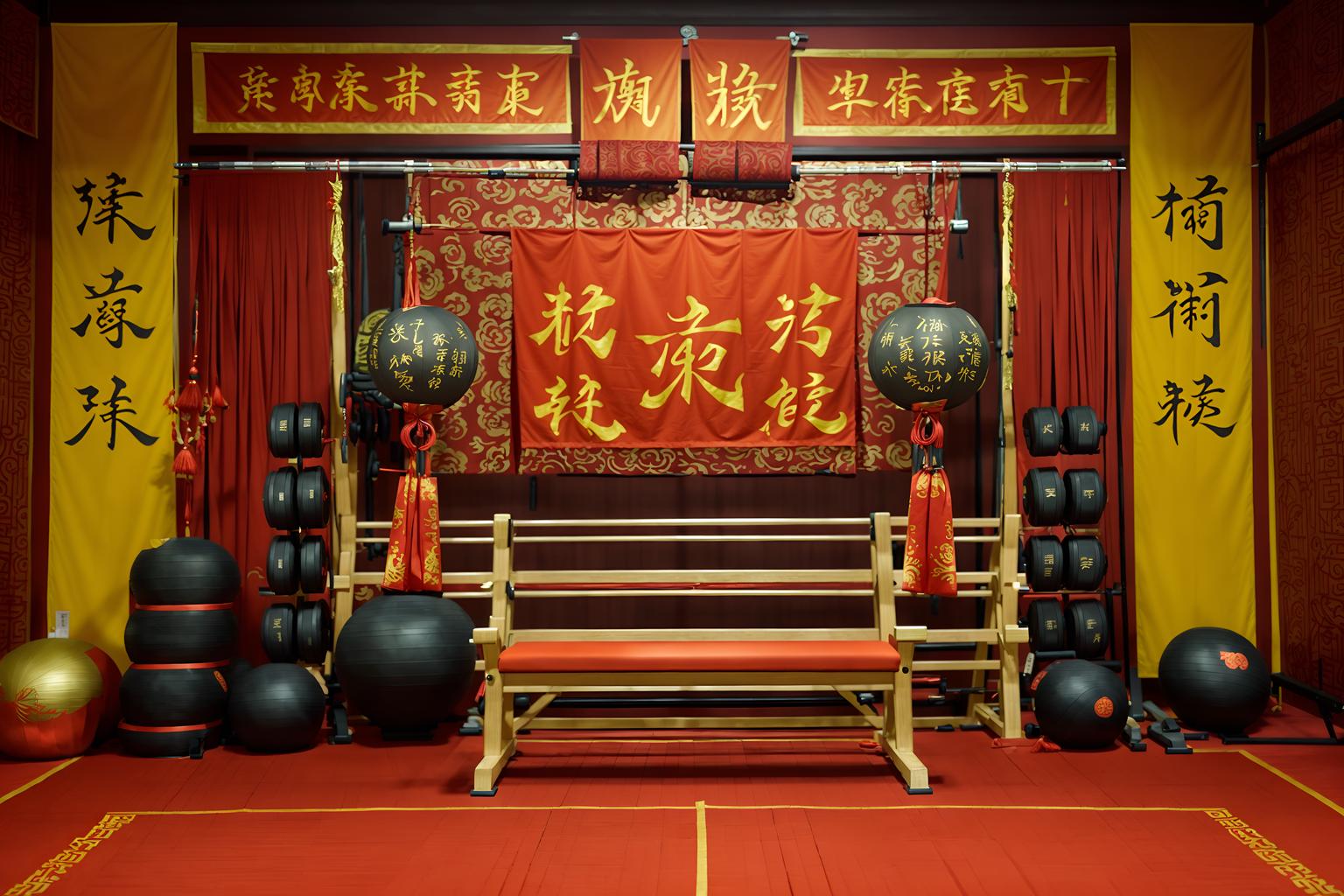 chinese new year-style (fitness gym interior) with crosstrainer and exercise bicycle and squat rack and bench press and dumbbell stand and crosstrainer. . with chinese knots and door couplets and paper cuttings and zodiac calendar and red and gold candles and orange trees and red and gold tassels and fai chun banners. . cinematic photo, highly detailed, cinematic lighting, ultra-detailed, ultrarealistic, photorealism, 8k. chinese new year interior design style. masterpiece, cinematic light, ultrarealistic+, photorealistic+, 8k, raw photo, realistic, sharp focus on eyes, (symmetrical eyes), (intact eyes), hyperrealistic, highest quality, best quality, , highly detailed, masterpiece, best quality, extremely detailed 8k wallpaper, masterpiece, best quality, ultra-detailed, best shadow, detailed background, detailed face, detailed eyes, high contrast, best illumination, detailed face, dulux, caustic, dynamic angle, detailed glow. dramatic lighting. highly detailed, insanely detailed hair, symmetrical, intricate details, professionally retouched, 8k high definition. strong bokeh. award winning photo.