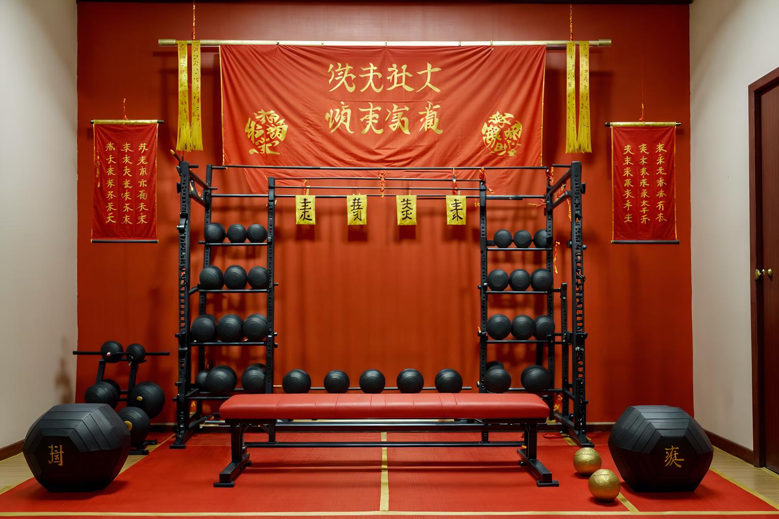 chinese new year-style (fitness gym interior) with crosstrainer and exercise bicycle and squat rack and bench press and dumbbell stand and crosstrainer. . with chinese knots and door couplets and paper cuttings and zodiac calendar and red and gold candles and orange trees and red and gold tassels and fai chun banners. . cinematic photo, highly detailed, cinematic lighting, ultra-detailed, ultrarealistic, photorealism, 8k. chinese new year interior design style. masterpiece, cinematic light, ultrarealistic+, photorealistic+, 8k, raw photo, realistic, sharp focus on eyes, (symmetrical eyes), (intact eyes), hyperrealistic, highest quality, best quality, , highly detailed, masterpiece, best quality, extremely detailed 8k wallpaper, masterpiece, best quality, ultra-detailed, best shadow, detailed background, detailed face, detailed eyes, high contrast, best illumination, detailed face, dulux, caustic, dynamic angle, detailed glow. dramatic lighting. highly detailed, insanely detailed hair, symmetrical, intricate details, professionally retouched, 8k high definition. strong bokeh. award winning photo.