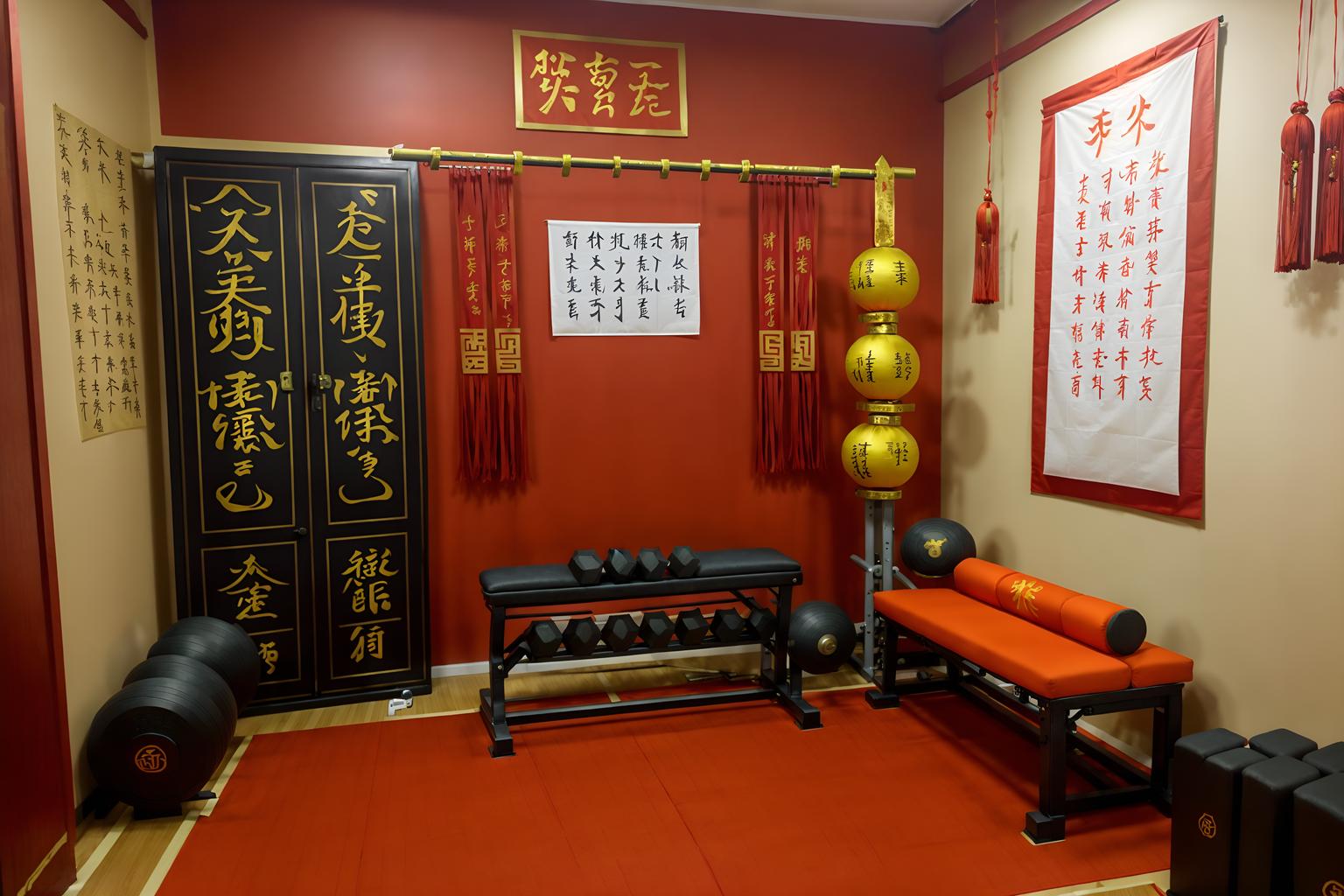 chinese new year-style (fitness gym interior) with crosstrainer and exercise bicycle and squat rack and bench press and dumbbell stand and crosstrainer. . with chinese knots and door couplets and paper cuttings and zodiac calendar and red and gold candles and orange trees and red and gold tassels and fai chun banners. . cinematic photo, highly detailed, cinematic lighting, ultra-detailed, ultrarealistic, photorealism, 8k. chinese new year interior design style. masterpiece, cinematic light, ultrarealistic+, photorealistic+, 8k, raw photo, realistic, sharp focus on eyes, (symmetrical eyes), (intact eyes), hyperrealistic, highest quality, best quality, , highly detailed, masterpiece, best quality, extremely detailed 8k wallpaper, masterpiece, best quality, ultra-detailed, best shadow, detailed background, detailed face, detailed eyes, high contrast, best illumination, detailed face, dulux, caustic, dynamic angle, detailed glow. dramatic lighting. highly detailed, insanely detailed hair, symmetrical, intricate details, professionally retouched, 8k high definition. strong bokeh. award winning photo.