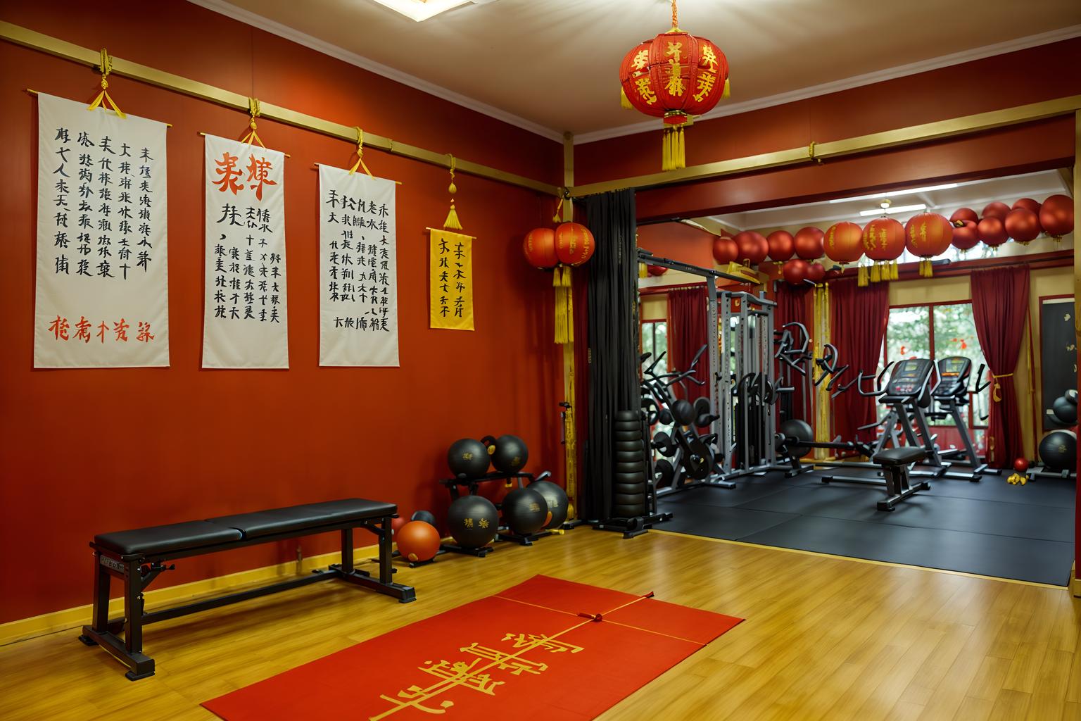 chinese new year-style (fitness gym interior) with crosstrainer and exercise bicycle and squat rack and bench press and dumbbell stand and crosstrainer. . with chinese knots and door couplets and paper cuttings and zodiac calendar and red and gold candles and orange trees and red and gold tassels and fai chun banners. . cinematic photo, highly detailed, cinematic lighting, ultra-detailed, ultrarealistic, photorealism, 8k. chinese new year interior design style. masterpiece, cinematic light, ultrarealistic+, photorealistic+, 8k, raw photo, realistic, sharp focus on eyes, (symmetrical eyes), (intact eyes), hyperrealistic, highest quality, best quality, , highly detailed, masterpiece, best quality, extremely detailed 8k wallpaper, masterpiece, best quality, ultra-detailed, best shadow, detailed background, detailed face, detailed eyes, high contrast, best illumination, detailed face, dulux, caustic, dynamic angle, detailed glow. dramatic lighting. highly detailed, insanely detailed hair, symmetrical, intricate details, professionally retouched, 8k high definition. strong bokeh. award winning photo.