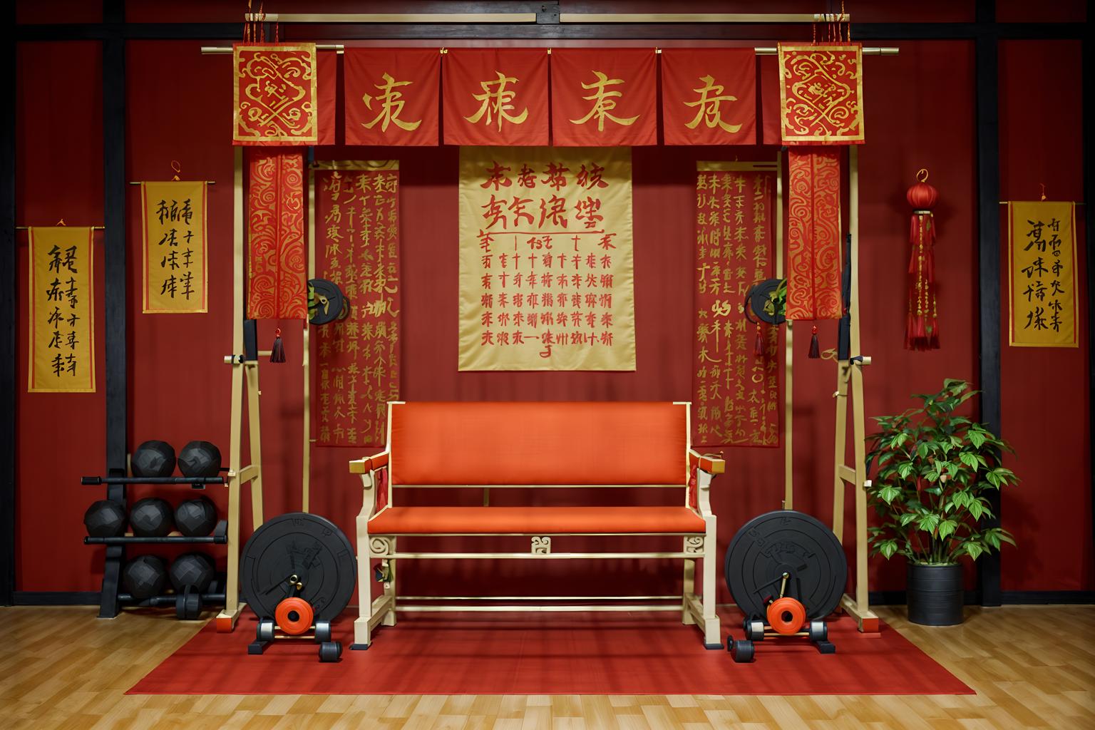 chinese new year-style (fitness gym interior) with crosstrainer and exercise bicycle and squat rack and bench press and dumbbell stand and crosstrainer. . with chinese knots and door couplets and paper cuttings and zodiac calendar and red and gold candles and orange trees and red and gold tassels and fai chun banners. . cinematic photo, highly detailed, cinematic lighting, ultra-detailed, ultrarealistic, photorealism, 8k. chinese new year interior design style. masterpiece, cinematic light, ultrarealistic+, photorealistic+, 8k, raw photo, realistic, sharp focus on eyes, (symmetrical eyes), (intact eyes), hyperrealistic, highest quality, best quality, , highly detailed, masterpiece, best quality, extremely detailed 8k wallpaper, masterpiece, best quality, ultra-detailed, best shadow, detailed background, detailed face, detailed eyes, high contrast, best illumination, detailed face, dulux, caustic, dynamic angle, detailed glow. dramatic lighting. highly detailed, insanely detailed hair, symmetrical, intricate details, professionally retouched, 8k high definition. strong bokeh. award winning photo.