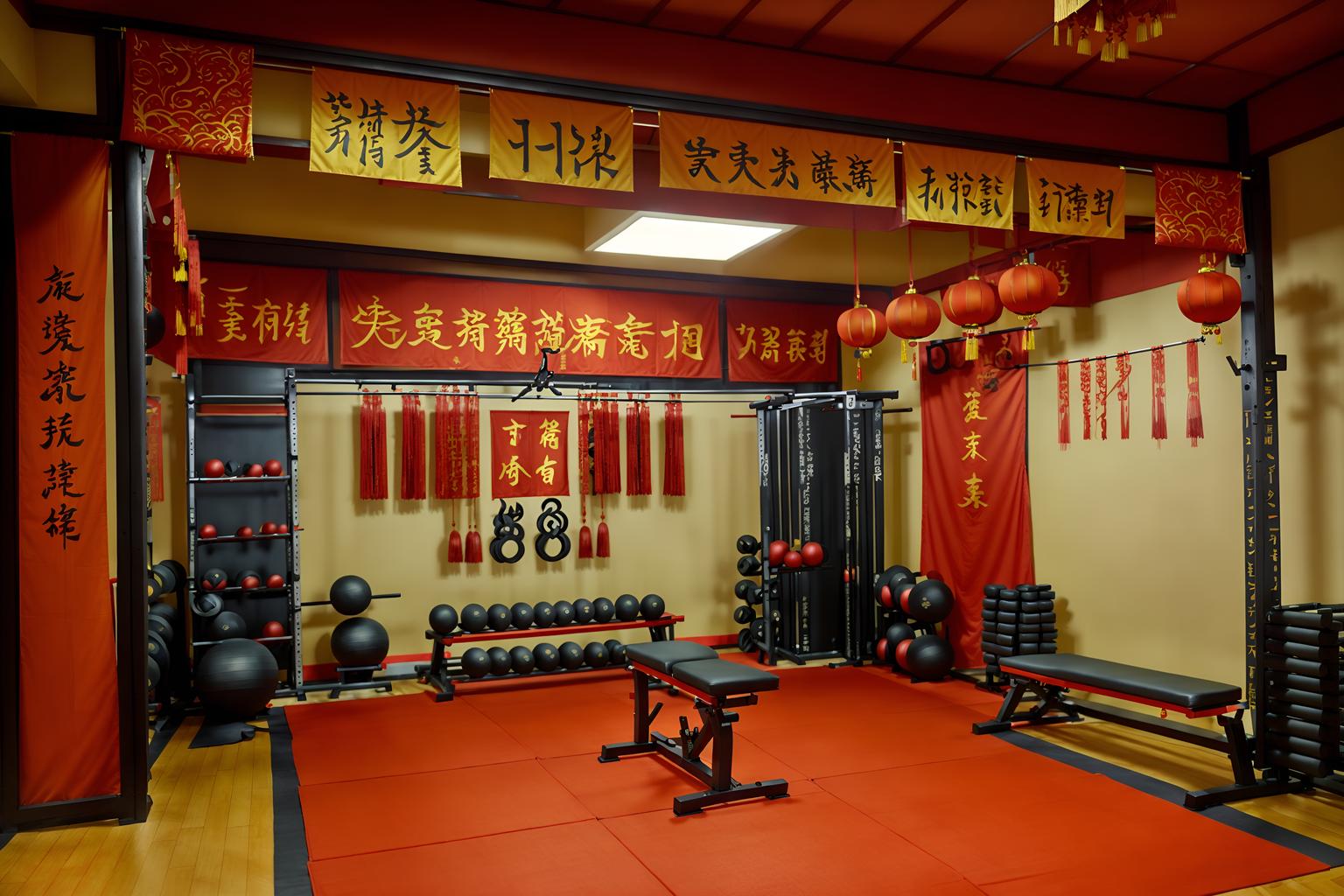 chinese new year-style (fitness gym interior) with crosstrainer and exercise bicycle and squat rack and bench press and dumbbell stand and crosstrainer. . with chinese knots and door couplets and paper cuttings and zodiac calendar and red and gold candles and orange trees and red and gold tassels and fai chun banners. . cinematic photo, highly detailed, cinematic lighting, ultra-detailed, ultrarealistic, photorealism, 8k. chinese new year interior design style. masterpiece, cinematic light, ultrarealistic+, photorealistic+, 8k, raw photo, realistic, sharp focus on eyes, (symmetrical eyes), (intact eyes), hyperrealistic, highest quality, best quality, , highly detailed, masterpiece, best quality, extremely detailed 8k wallpaper, masterpiece, best quality, ultra-detailed, best shadow, detailed background, detailed face, detailed eyes, high contrast, best illumination, detailed face, dulux, caustic, dynamic angle, detailed glow. dramatic lighting. highly detailed, insanely detailed hair, symmetrical, intricate details, professionally retouched, 8k high definition. strong bokeh. award winning photo.