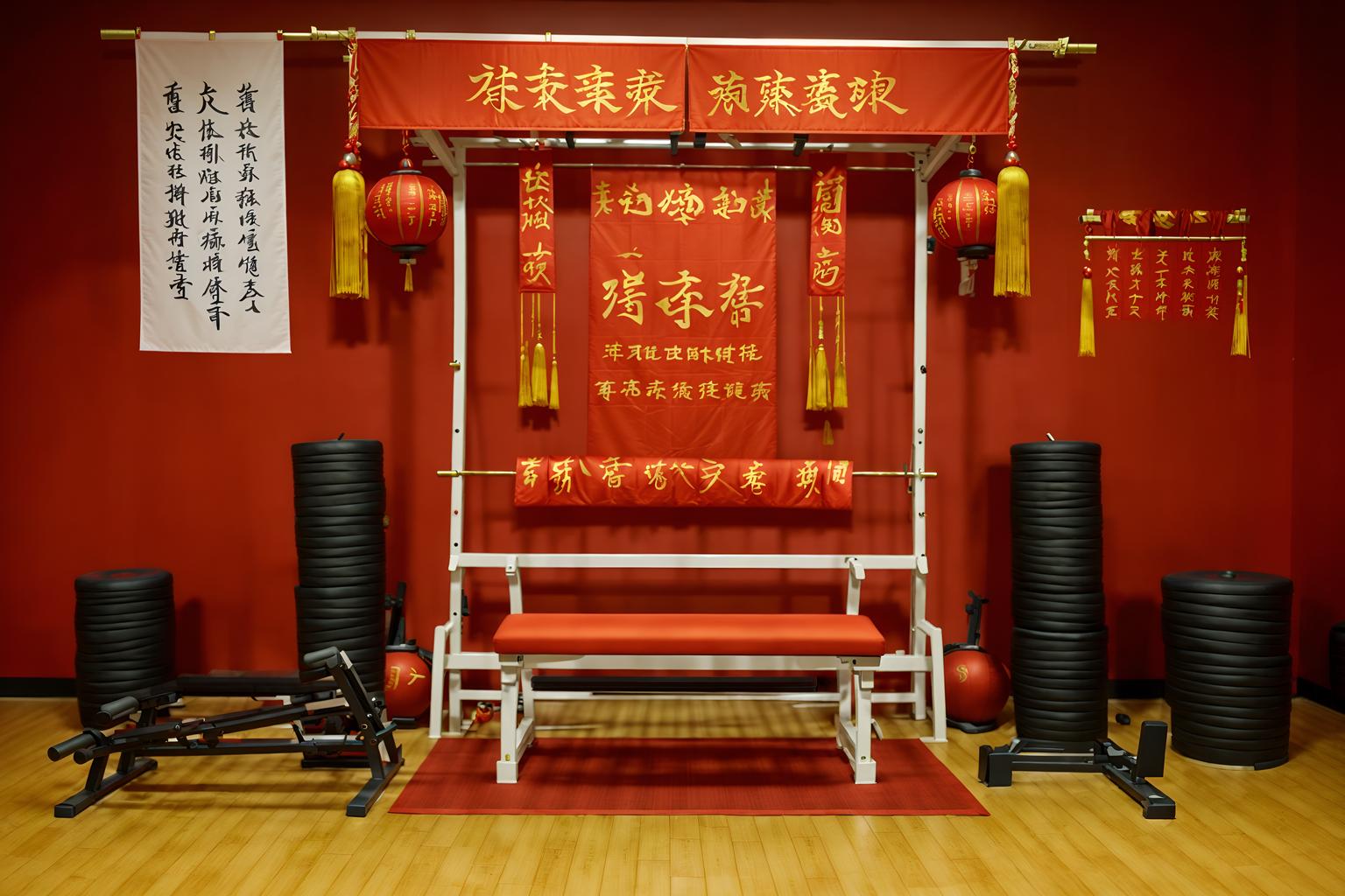 chinese new year-style (fitness gym interior) with crosstrainer and exercise bicycle and squat rack and bench press and dumbbell stand and crosstrainer. . with chinese knots and door couplets and paper cuttings and zodiac calendar and red and gold candles and orange trees and red and gold tassels and fai chun banners. . cinematic photo, highly detailed, cinematic lighting, ultra-detailed, ultrarealistic, photorealism, 8k. chinese new year interior design style. masterpiece, cinematic light, ultrarealistic+, photorealistic+, 8k, raw photo, realistic, sharp focus on eyes, (symmetrical eyes), (intact eyes), hyperrealistic, highest quality, best quality, , highly detailed, masterpiece, best quality, extremely detailed 8k wallpaper, masterpiece, best quality, ultra-detailed, best shadow, detailed background, detailed face, detailed eyes, high contrast, best illumination, detailed face, dulux, caustic, dynamic angle, detailed glow. dramatic lighting. highly detailed, insanely detailed hair, symmetrical, intricate details, professionally retouched, 8k high definition. strong bokeh. award winning photo.