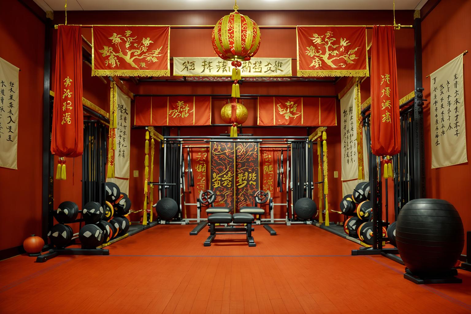 chinese new year-style (fitness gym interior) with crosstrainer and exercise bicycle and squat rack and bench press and dumbbell stand and crosstrainer. . with chinese knots and door couplets and paper cuttings and zodiac calendar and red and gold candles and orange trees and red and gold tassels and fai chun banners. . cinematic photo, highly detailed, cinematic lighting, ultra-detailed, ultrarealistic, photorealism, 8k. chinese new year interior design style. masterpiece, cinematic light, ultrarealistic+, photorealistic+, 8k, raw photo, realistic, sharp focus on eyes, (symmetrical eyes), (intact eyes), hyperrealistic, highest quality, best quality, , highly detailed, masterpiece, best quality, extremely detailed 8k wallpaper, masterpiece, best quality, ultra-detailed, best shadow, detailed background, detailed face, detailed eyes, high contrast, best illumination, detailed face, dulux, caustic, dynamic angle, detailed glow. dramatic lighting. highly detailed, insanely detailed hair, symmetrical, intricate details, professionally retouched, 8k high definition. strong bokeh. award winning photo.