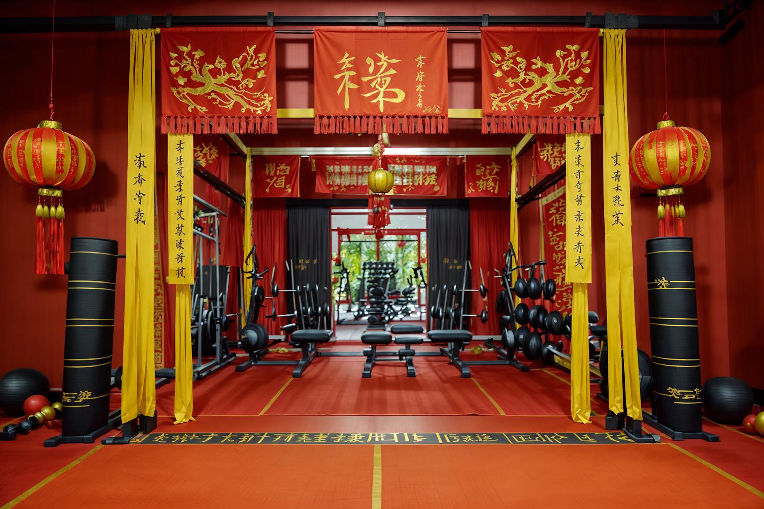 chinese new year-style (fitness gym interior) with crosstrainer and exercise bicycle and squat rack and bench press and dumbbell stand and crosstrainer. . with chinese knots and door couplets and paper cuttings and zodiac calendar and red and gold candles and orange trees and red and gold tassels and fai chun banners. . cinematic photo, highly detailed, cinematic lighting, ultra-detailed, ultrarealistic, photorealism, 8k. chinese new year interior design style. masterpiece, cinematic light, ultrarealistic+, photorealistic+, 8k, raw photo, realistic, sharp focus on eyes, (symmetrical eyes), (intact eyes), hyperrealistic, highest quality, best quality, , highly detailed, masterpiece, best quality, extremely detailed 8k wallpaper, masterpiece, best quality, ultra-detailed, best shadow, detailed background, detailed face, detailed eyes, high contrast, best illumination, detailed face, dulux, caustic, dynamic angle, detailed glow. dramatic lighting. highly detailed, insanely detailed hair, symmetrical, intricate details, professionally retouched, 8k high definition. strong bokeh. award winning photo.