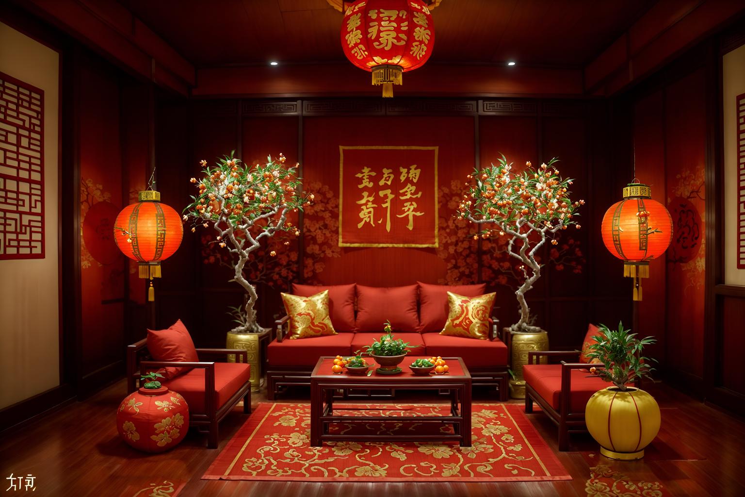 chinese new year-style (exhibition space interior) . with money tree and mei hwa flowers and kumquat trees and orange trees and zodiac calendar and chinese red lanterns and chinese knots and red fabric & pillows. . cinematic photo, highly detailed, cinematic lighting, ultra-detailed, ultrarealistic, photorealism, 8k. chinese new year interior design style. masterpiece, cinematic light, ultrarealistic+, photorealistic+, 8k, raw photo, realistic, sharp focus on eyes, (symmetrical eyes), (intact eyes), hyperrealistic, highest quality, best quality, , highly detailed, masterpiece, best quality, extremely detailed 8k wallpaper, masterpiece, best quality, ultra-detailed, best shadow, detailed background, detailed face, detailed eyes, high contrast, best illumination, detailed face, dulux, caustic, dynamic angle, detailed glow. dramatic lighting. highly detailed, insanely detailed hair, symmetrical, intricate details, professionally retouched, 8k high definition. strong bokeh. award winning photo.