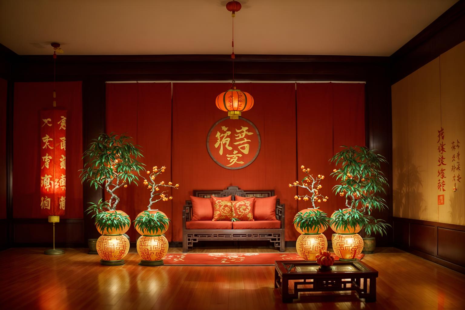 chinese new year-style (exhibition space interior) . with money tree and mei hwa flowers and kumquat trees and orange trees and zodiac calendar and chinese red lanterns and chinese knots and red fabric & pillows. . cinematic photo, highly detailed, cinematic lighting, ultra-detailed, ultrarealistic, photorealism, 8k. chinese new year interior design style. masterpiece, cinematic light, ultrarealistic+, photorealistic+, 8k, raw photo, realistic, sharp focus on eyes, (symmetrical eyes), (intact eyes), hyperrealistic, highest quality, best quality, , highly detailed, masterpiece, best quality, extremely detailed 8k wallpaper, masterpiece, best quality, ultra-detailed, best shadow, detailed background, detailed face, detailed eyes, high contrast, best illumination, detailed face, dulux, caustic, dynamic angle, detailed glow. dramatic lighting. highly detailed, insanely detailed hair, symmetrical, intricate details, professionally retouched, 8k high definition. strong bokeh. award winning photo.