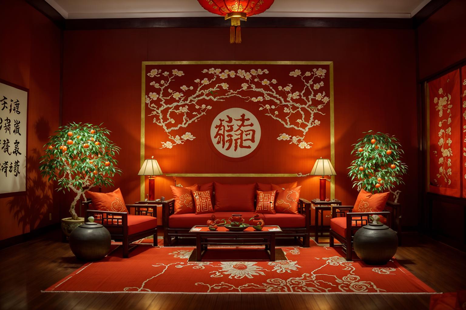 chinese new year-style (exhibition space interior) . with money tree and mei hwa flowers and kumquat trees and orange trees and zodiac calendar and chinese red lanterns and chinese knots and red fabric & pillows. . cinematic photo, highly detailed, cinematic lighting, ultra-detailed, ultrarealistic, photorealism, 8k. chinese new year interior design style. masterpiece, cinematic light, ultrarealistic+, photorealistic+, 8k, raw photo, realistic, sharp focus on eyes, (symmetrical eyes), (intact eyes), hyperrealistic, highest quality, best quality, , highly detailed, masterpiece, best quality, extremely detailed 8k wallpaper, masterpiece, best quality, ultra-detailed, best shadow, detailed background, detailed face, detailed eyes, high contrast, best illumination, detailed face, dulux, caustic, dynamic angle, detailed glow. dramatic lighting. highly detailed, insanely detailed hair, symmetrical, intricate details, professionally retouched, 8k high definition. strong bokeh. award winning photo.