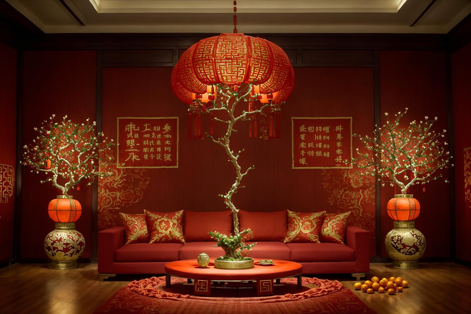 chinese new year-style (exhibition space interior) . with money tree and mei hwa flowers and kumquat trees and orange trees and zodiac calendar and chinese red lanterns and chinese knots and red fabric & pillows. . cinematic photo, highly detailed, cinematic lighting, ultra-detailed, ultrarealistic, photorealism, 8k. chinese new year interior design style. masterpiece, cinematic light, ultrarealistic+, photorealistic+, 8k, raw photo, realistic, sharp focus on eyes, (symmetrical eyes), (intact eyes), hyperrealistic, highest quality, best quality, , highly detailed, masterpiece, best quality, extremely detailed 8k wallpaper, masterpiece, best quality, ultra-detailed, best shadow, detailed background, detailed face, detailed eyes, high contrast, best illumination, detailed face, dulux, caustic, dynamic angle, detailed glow. dramatic lighting. highly detailed, insanely detailed hair, symmetrical, intricate details, professionally retouched, 8k high definition. strong bokeh. award winning photo.