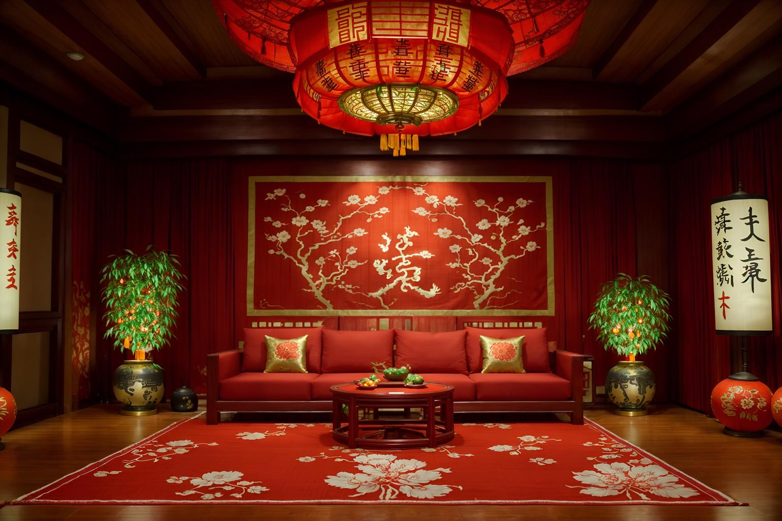 chinese new year-style (exhibition space interior) . with money tree and mei hwa flowers and kumquat trees and orange trees and zodiac calendar and chinese red lanterns and chinese knots and red fabric & pillows. . cinematic photo, highly detailed, cinematic lighting, ultra-detailed, ultrarealistic, photorealism, 8k. chinese new year interior design style. masterpiece, cinematic light, ultrarealistic+, photorealistic+, 8k, raw photo, realistic, sharp focus on eyes, (symmetrical eyes), (intact eyes), hyperrealistic, highest quality, best quality, , highly detailed, masterpiece, best quality, extremely detailed 8k wallpaper, masterpiece, best quality, ultra-detailed, best shadow, detailed background, detailed face, detailed eyes, high contrast, best illumination, detailed face, dulux, caustic, dynamic angle, detailed glow. dramatic lighting. highly detailed, insanely detailed hair, symmetrical, intricate details, professionally retouched, 8k high definition. strong bokeh. award winning photo.