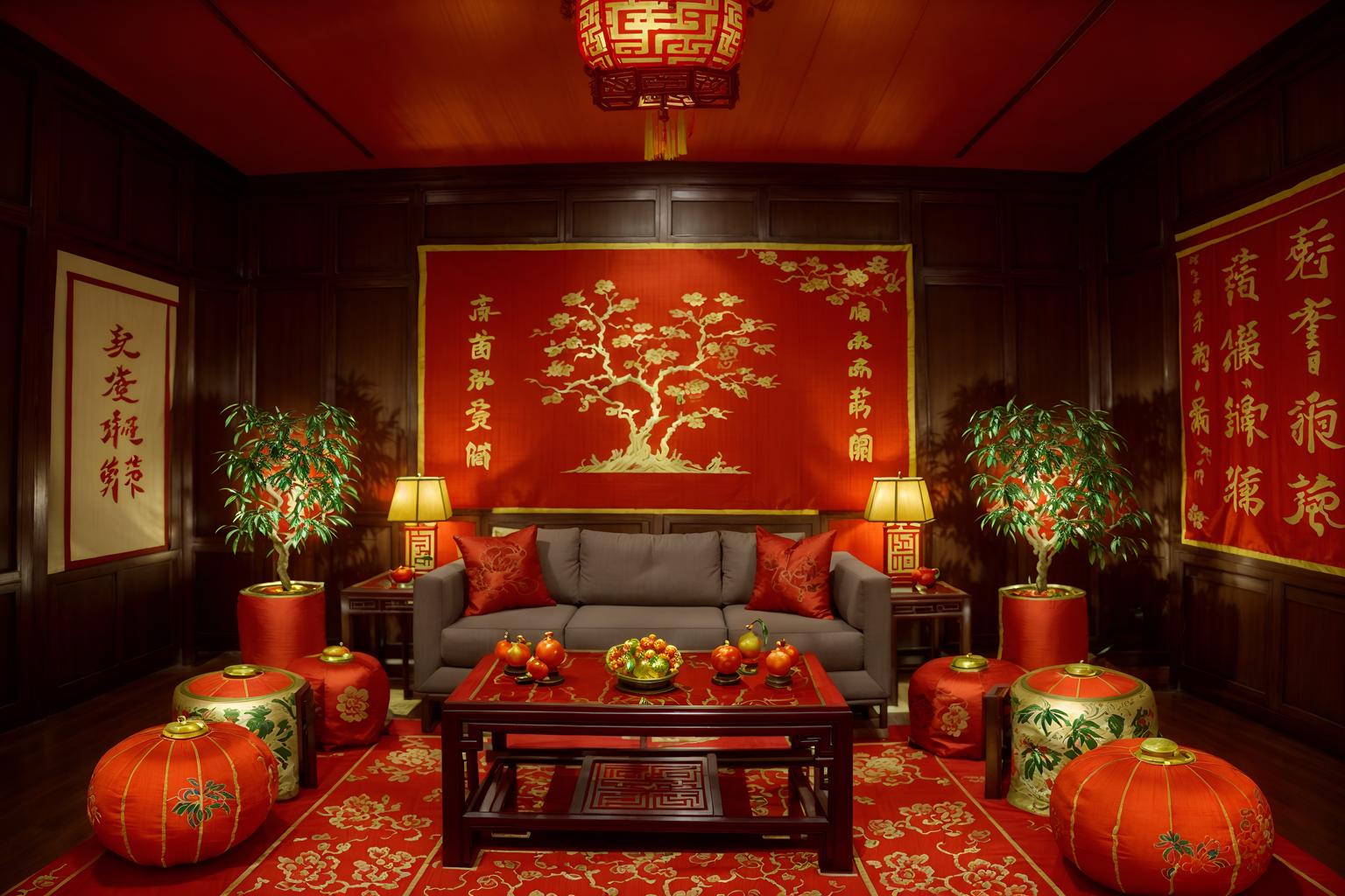 chinese new year-style (exhibition space interior) . with money tree and mei hwa flowers and kumquat trees and orange trees and zodiac calendar and chinese red lanterns and chinese knots and red fabric & pillows. . cinematic photo, highly detailed, cinematic lighting, ultra-detailed, ultrarealistic, photorealism, 8k. chinese new year interior design style. masterpiece, cinematic light, ultrarealistic+, photorealistic+, 8k, raw photo, realistic, sharp focus on eyes, (symmetrical eyes), (intact eyes), hyperrealistic, highest quality, best quality, , highly detailed, masterpiece, best quality, extremely detailed 8k wallpaper, masterpiece, best quality, ultra-detailed, best shadow, detailed background, detailed face, detailed eyes, high contrast, best illumination, detailed face, dulux, caustic, dynamic angle, detailed glow. dramatic lighting. highly detailed, insanely detailed hair, symmetrical, intricate details, professionally retouched, 8k high definition. strong bokeh. award winning photo.