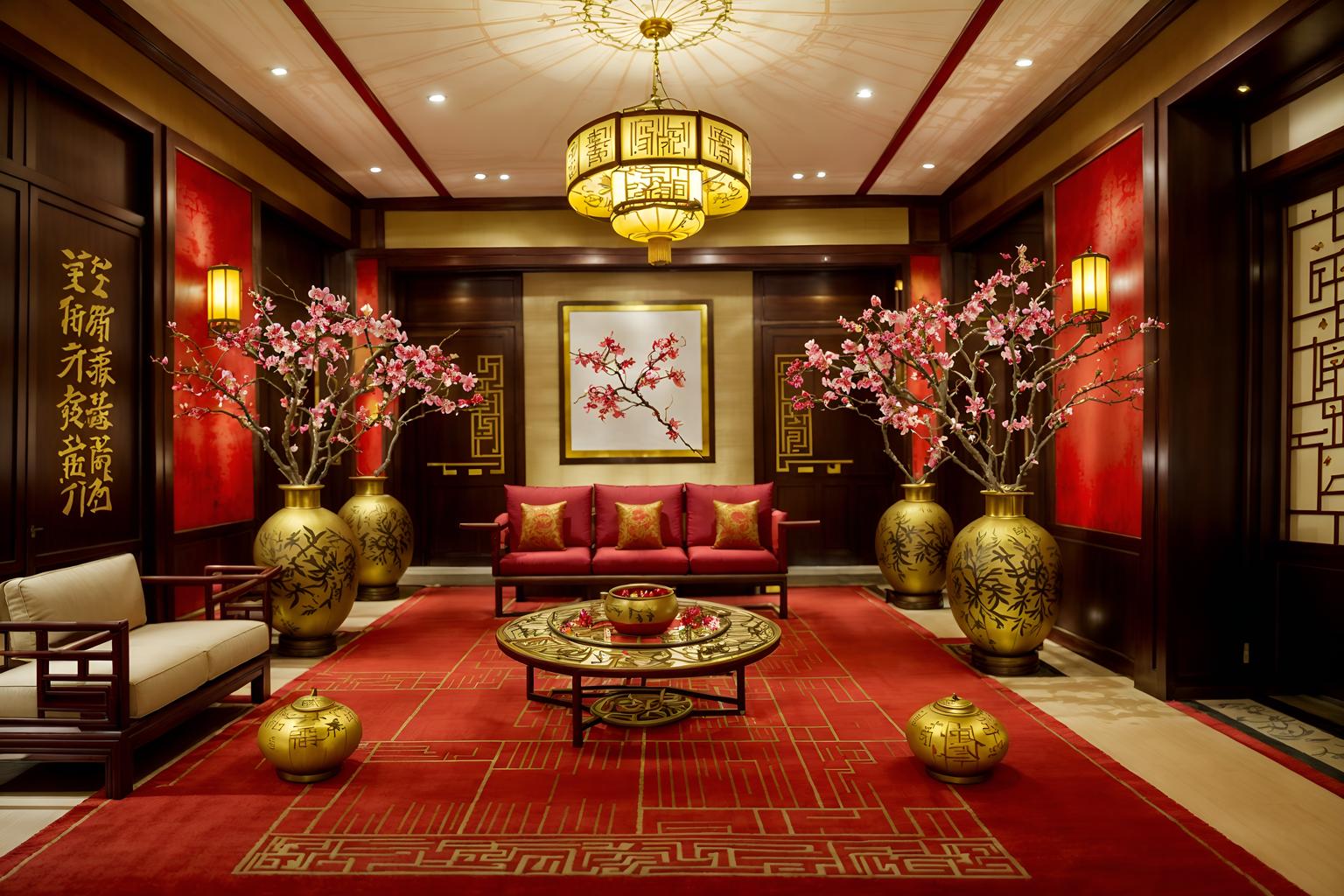chinese new year-style (hotel lobby interior) with plant and sofas and coffee tables and rug and lounge chairs and check in desk and hanging lamps and furniture. . with vases of plum blossoms and orchids and paper cuttings and zodiac calendar and door couplets and red and gold tassels and paper firecrackers and red and gold candles and mei hwa flowers. . cinematic photo, highly detailed, cinematic lighting, ultra-detailed, ultrarealistic, photorealism, 8k. chinese new year interior design style. masterpiece, cinematic light, ultrarealistic+, photorealistic+, 8k, raw photo, realistic, sharp focus on eyes, (symmetrical eyes), (intact eyes), hyperrealistic, highest quality, best quality, , highly detailed, masterpiece, best quality, extremely detailed 8k wallpaper, masterpiece, best quality, ultra-detailed, best shadow, detailed background, detailed face, detailed eyes, high contrast, best illumination, detailed face, dulux, caustic, dynamic angle, detailed glow. dramatic lighting. highly detailed, insanely detailed hair, symmetrical, intricate details, professionally retouched, 8k high definition. strong bokeh. award winning photo.