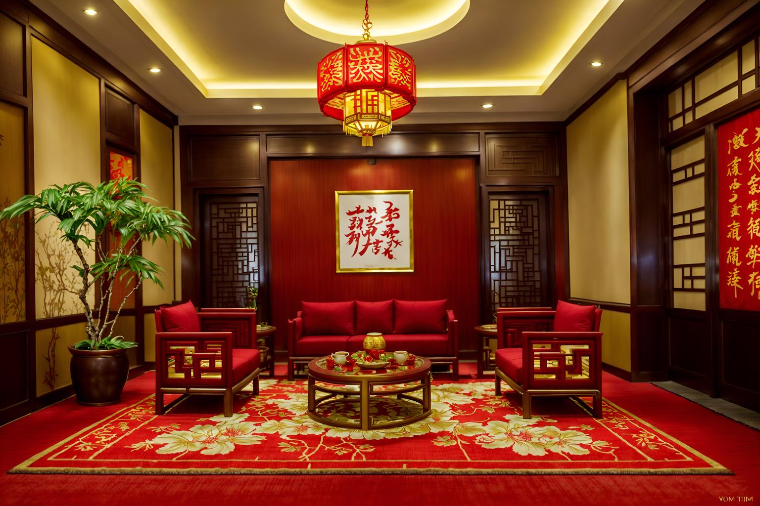 chinese new year-style (hotel lobby interior) with plant and sofas and coffee tables and rug and lounge chairs and check in desk and hanging lamps and furniture. . with vases of plum blossoms and orchids and paper cuttings and zodiac calendar and door couplets and red and gold tassels and paper firecrackers and red and gold candles and mei hwa flowers. . cinematic photo, highly detailed, cinematic lighting, ultra-detailed, ultrarealistic, photorealism, 8k. chinese new year interior design style. masterpiece, cinematic light, ultrarealistic+, photorealistic+, 8k, raw photo, realistic, sharp focus on eyes, (symmetrical eyes), (intact eyes), hyperrealistic, highest quality, best quality, , highly detailed, masterpiece, best quality, extremely detailed 8k wallpaper, masterpiece, best quality, ultra-detailed, best shadow, detailed background, detailed face, detailed eyes, high contrast, best illumination, detailed face, dulux, caustic, dynamic angle, detailed glow. dramatic lighting. highly detailed, insanely detailed hair, symmetrical, intricate details, professionally retouched, 8k high definition. strong bokeh. award winning photo.