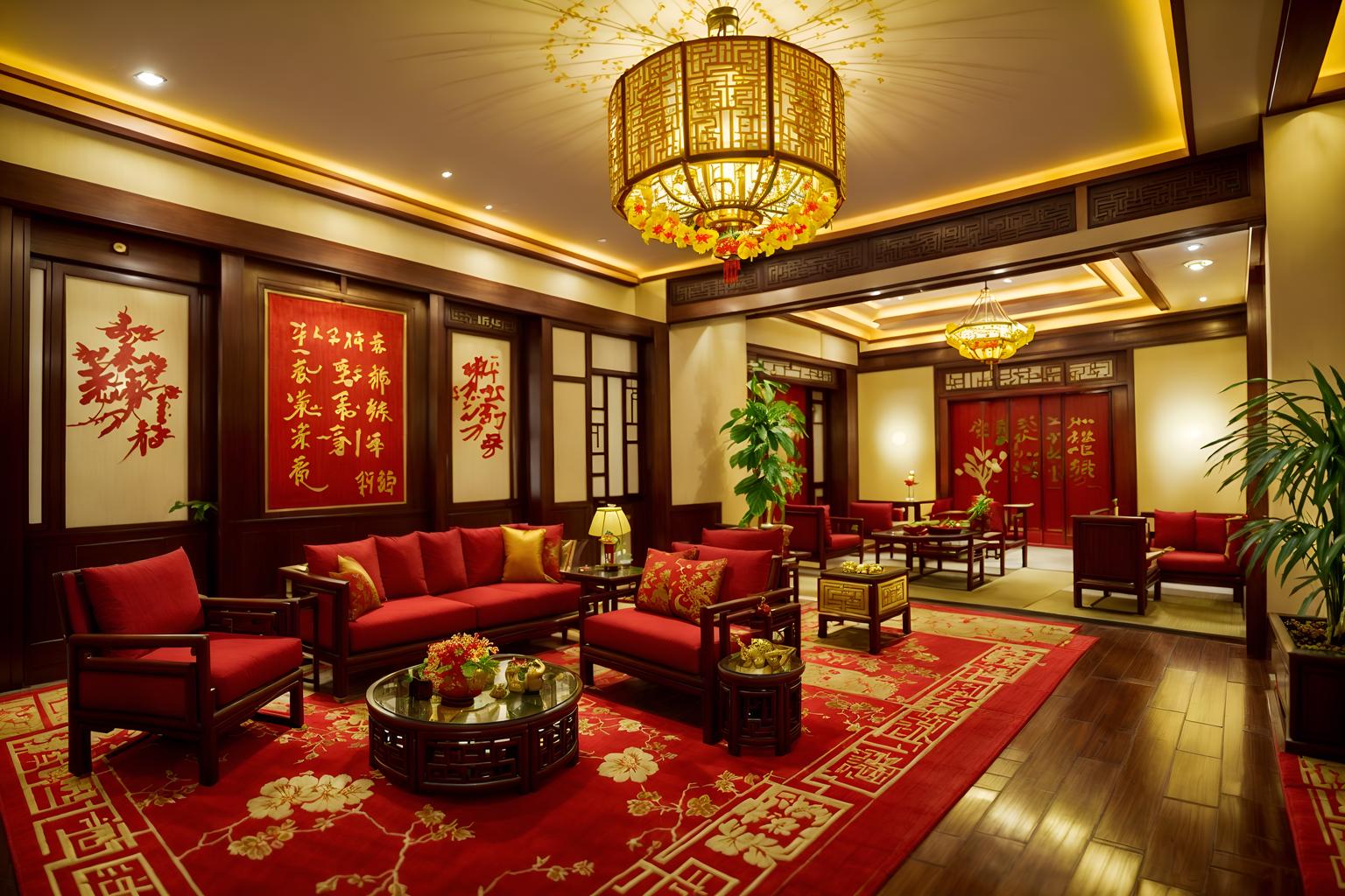 chinese new year-style (hotel lobby interior) with plant and sofas and coffee tables and rug and lounge chairs and check in desk and hanging lamps and furniture. . with vases of plum blossoms and orchids and paper cuttings and zodiac calendar and door couplets and red and gold tassels and paper firecrackers and red and gold candles and mei hwa flowers. . cinematic photo, highly detailed, cinematic lighting, ultra-detailed, ultrarealistic, photorealism, 8k. chinese new year interior design style. masterpiece, cinematic light, ultrarealistic+, photorealistic+, 8k, raw photo, realistic, sharp focus on eyes, (symmetrical eyes), (intact eyes), hyperrealistic, highest quality, best quality, , highly detailed, masterpiece, best quality, extremely detailed 8k wallpaper, masterpiece, best quality, ultra-detailed, best shadow, detailed background, detailed face, detailed eyes, high contrast, best illumination, detailed face, dulux, caustic, dynamic angle, detailed glow. dramatic lighting. highly detailed, insanely detailed hair, symmetrical, intricate details, professionally retouched, 8k high definition. strong bokeh. award winning photo.