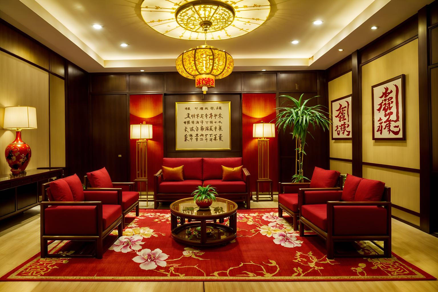 chinese new year-style (hotel lobby interior) with plant and sofas and coffee tables and rug and lounge chairs and check in desk and hanging lamps and furniture. . with vases of plum blossoms and orchids and paper cuttings and zodiac calendar and door couplets and red and gold tassels and paper firecrackers and red and gold candles and mei hwa flowers. . cinematic photo, highly detailed, cinematic lighting, ultra-detailed, ultrarealistic, photorealism, 8k. chinese new year interior design style. masterpiece, cinematic light, ultrarealistic+, photorealistic+, 8k, raw photo, realistic, sharp focus on eyes, (symmetrical eyes), (intact eyes), hyperrealistic, highest quality, best quality, , highly detailed, masterpiece, best quality, extremely detailed 8k wallpaper, masterpiece, best quality, ultra-detailed, best shadow, detailed background, detailed face, detailed eyes, high contrast, best illumination, detailed face, dulux, caustic, dynamic angle, detailed glow. dramatic lighting. highly detailed, insanely detailed hair, symmetrical, intricate details, professionally retouched, 8k high definition. strong bokeh. award winning photo.